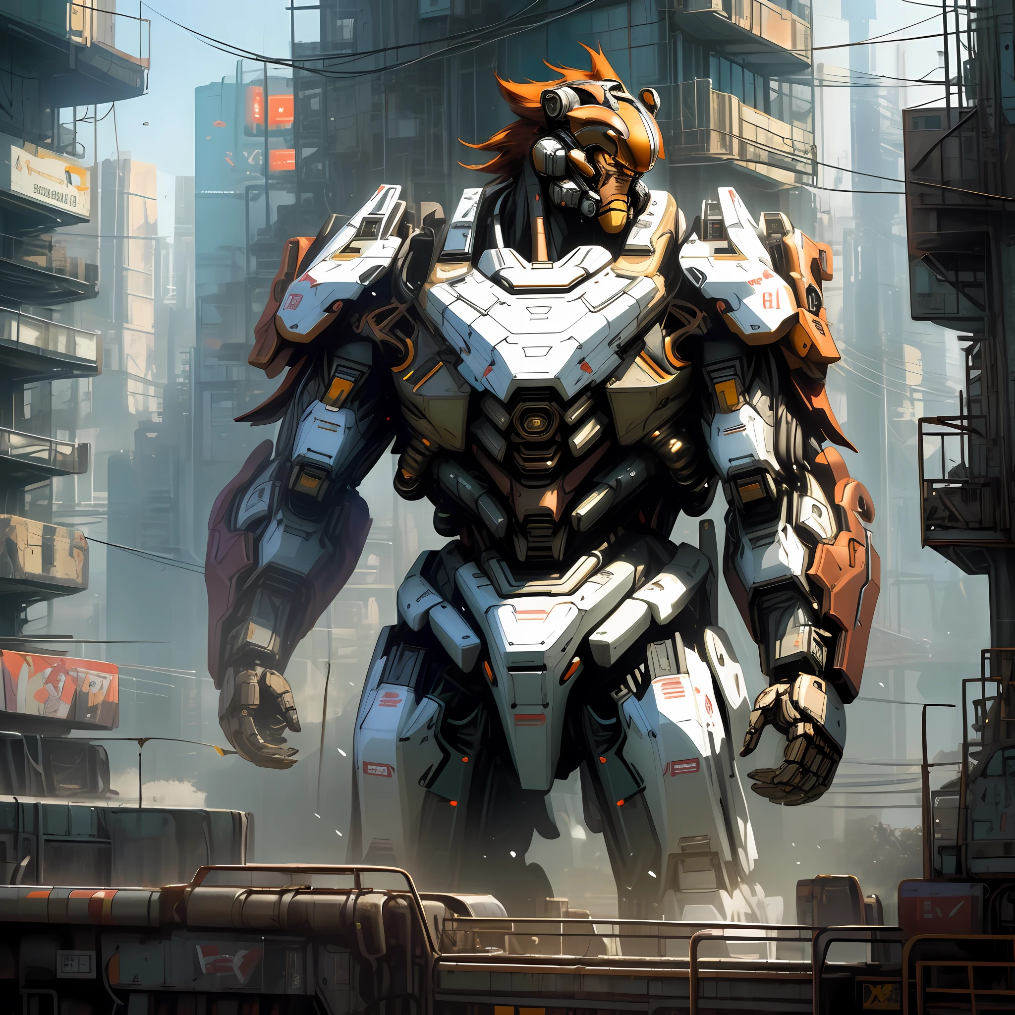 Dark_Fantasy, cyberpunk, (best quality, masterpiece), white, huge mecha in the shape of an orangutan, mechanical marvel, robot presence, cybernetics guardian, wearing cybernetic jacket, city, highest quality digital art, stunning art, wallpaper 4k, highly detailed, military robot, army, war zone, black and white, highest quality digital art, stunning art, wallpaper 4k, 8k, 64k, hd, unparalleled masterpiece, dynamic lighting, movie, epic, damaged mechanical parts