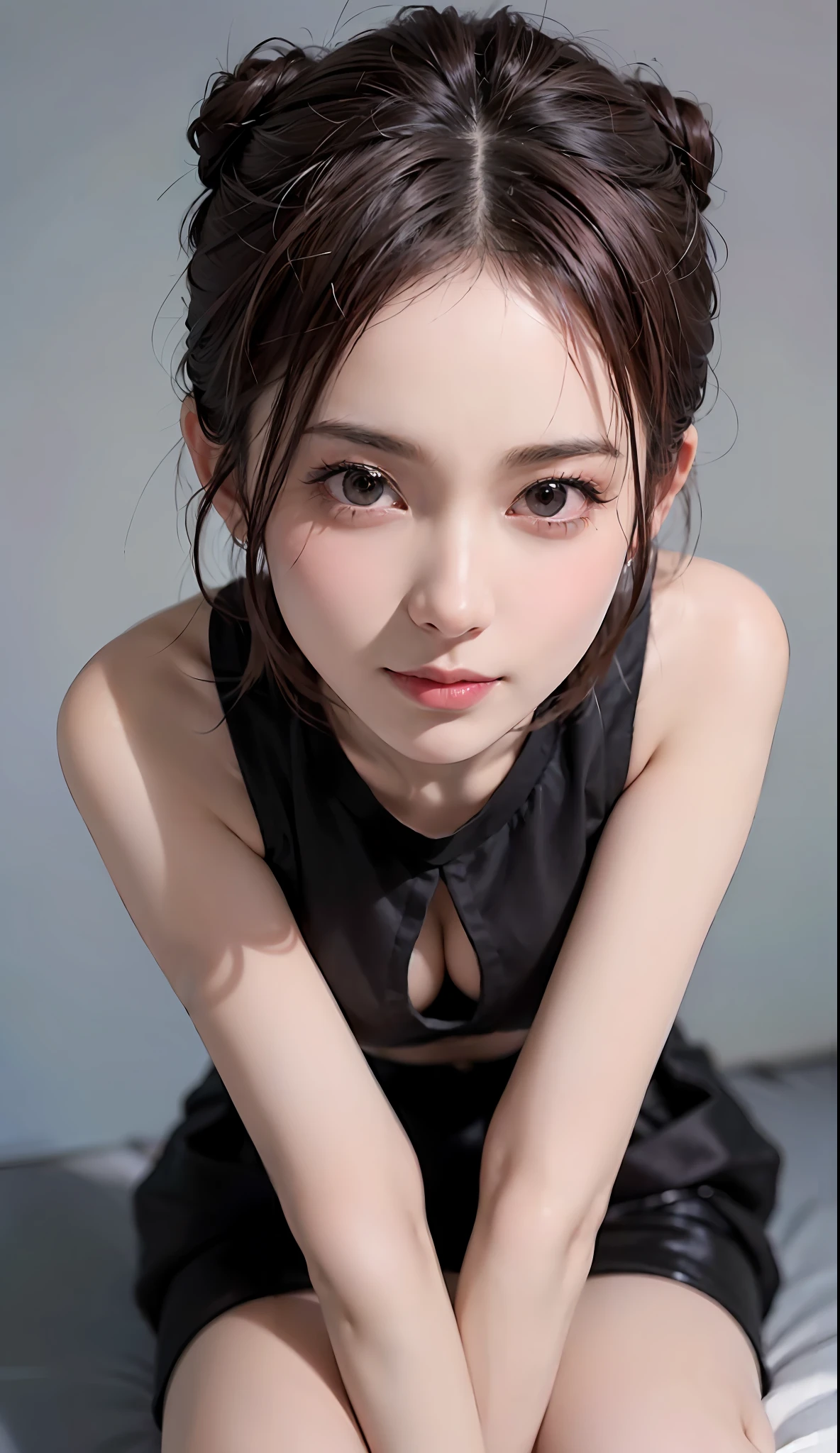 (RAW photo, best quality), (realistic, photo-realistic:1.3), best quality ,masterpiece, an extremely delicate and beautiful, extremely detailed ,CG ,unity ,2k wallpaper, Amazing, finely detail, masterpiece, light smile, best quality, extremely detailed CG unity 8k wallpaper, huge filesize , ultra-detailed, highres, extremely detailed, 1girl, slim body, small breasts, (black leotard top:0.7), (pink skirt:1.2), (bun hair), (brown hair), looking at looking at viewer, sharp focus, face close-up, nsfw,,,, pureerosface_v1:0.8 short hair,