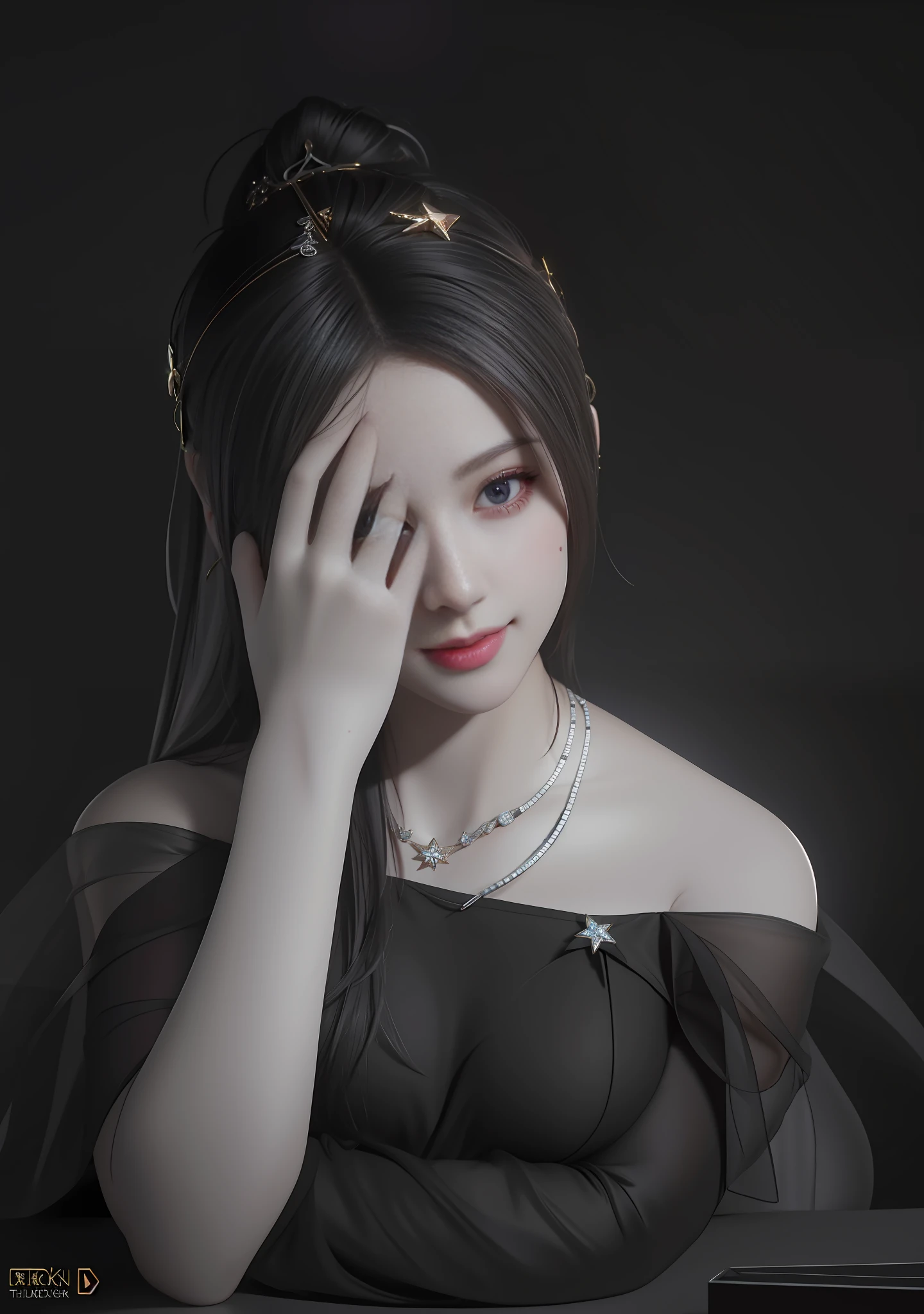 best quality, masterpiece, highres, 1girl,blush,(seductive smile:0.8),star-shaped pupils,necklace, jewelry,Beautiful face,upon_body, tyndall effect,photorealistic, dark studio, rim lighting, two tone lighting,(high detailed skin:1.2), 8k uhd, dslr, soft lighting, high quality, volumetric lighting, candid, Photograph, high resolution, 4k, 8k, Bokeh,,not sexy dress,beautiful thick dress