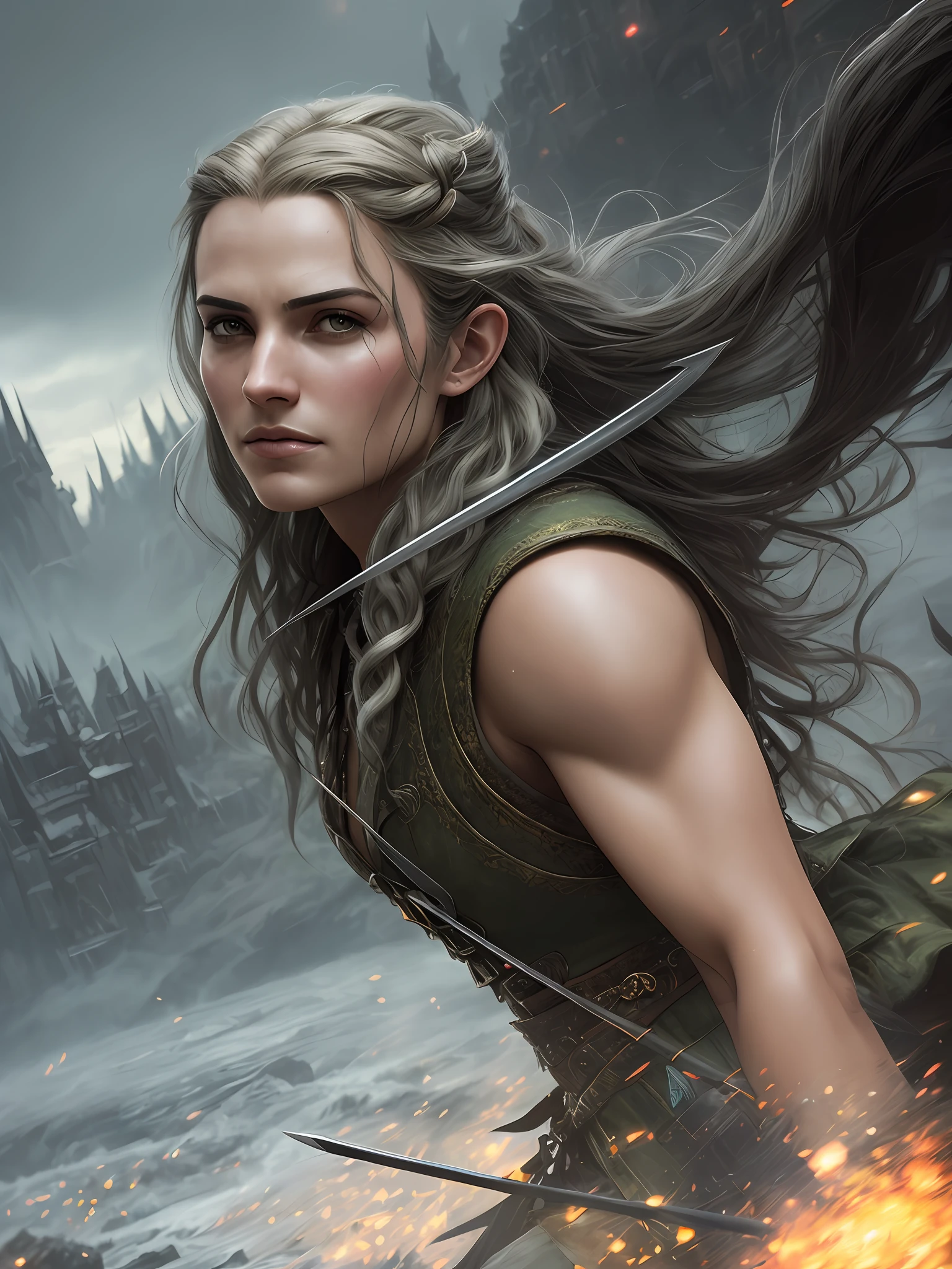 daggers in hend, 
High detail RAW color art, animation,
(Orlando Bloom:1.1) as Legolas from LOTR, 
((chasing an orcs)),  mordor swamp, (elven ears),  battle on frozen river
long hair, chase, wooden bow
orcs on background, highdetaled face,
magical atmosphere, (muscle), (detailed skin, skin texture), intricately detailed, fine details, hyperdetailed, raytracing, subsurface scattering, diffused soft lighting, shallow depth of field, by (Oliver Wetter)
Atey Ghailan, by Jeremy Mann, Greg Manchess, Antonio Moro, trending on ArtStation, trending on CGSociety, Intricate, High Detail, Sharp focus, dramatic, photorealistic painting art by midjourney and greg rutkowski, bokeh on background