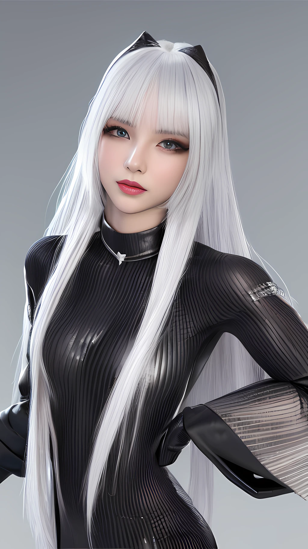 Allad woman posing for photo with white hair and black texture multi-layered robe, white hair girl, realistic anime girl rendering, guvez style artwork, perfect white hair girl, simple background, 3d anime reality, realistic anime 3d style, smooth anime CG art, Rostland 8 K, white long hair, 3 d rendered character art 8 K, perfect proportions, proper pose