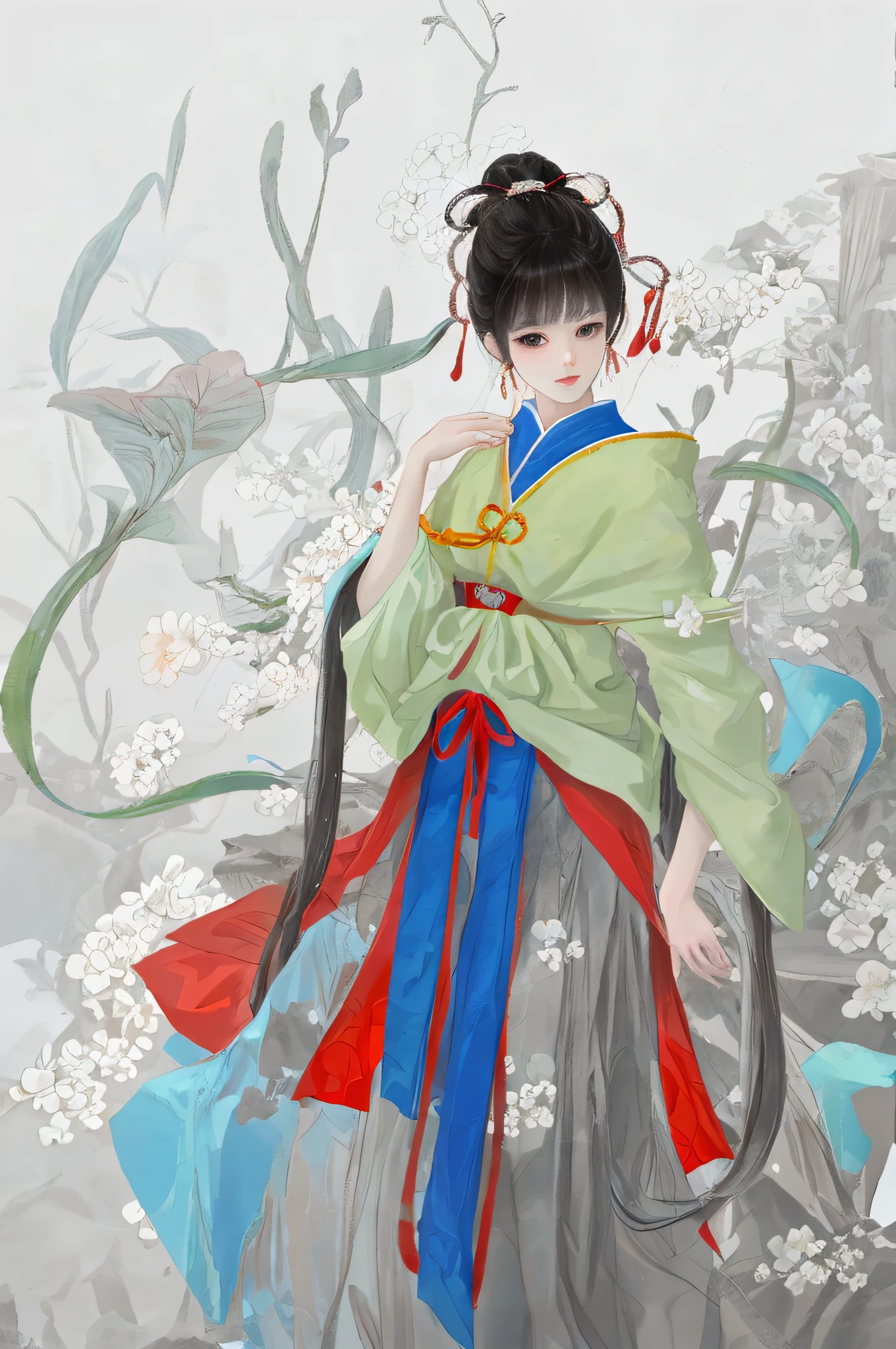 Ancient Chinese beauty sitting on stone, dressed in ancient Chinese clothing, flowing tulle, light silk, large lotus leaves, lotus flowers, ink painting style, clean colors, decisive cut, white space, freehand, masterpiece, super detailed, epic composition, high quality, highest quality, 4k --v 6