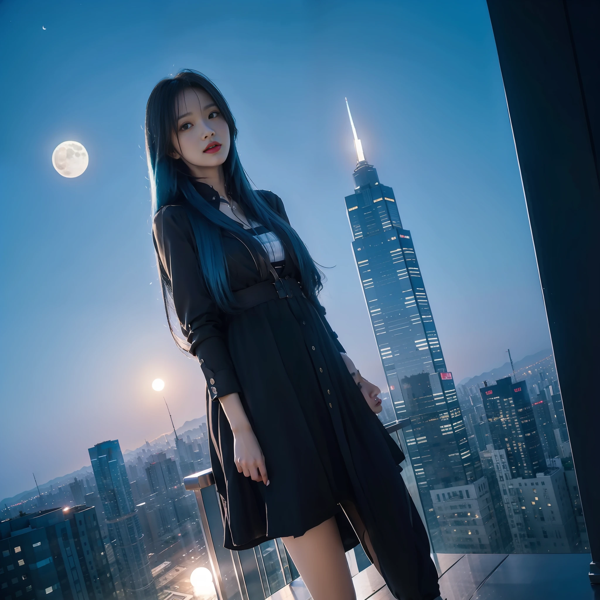 A girl with long blue hair is on the tallest building in the city with the moon hanging in the sky