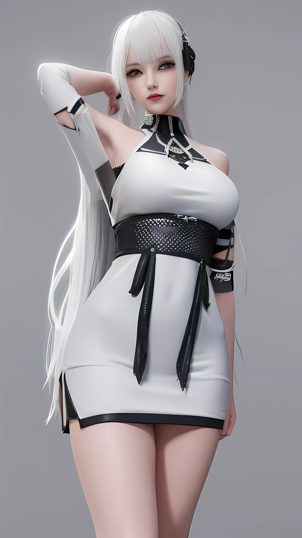 Allad woman posing for photo with white hair and black texture multi-layered robe, white hair girl, realistic anime girl rendering, guvez style artwork, perfect white hair girl, simple background, 3d anime reality, realistic anime 3d style, smooth anime CG art, Rostland 8 K, white long hair, 3 d rendered character art 8 K, perfect proportions, proper pose