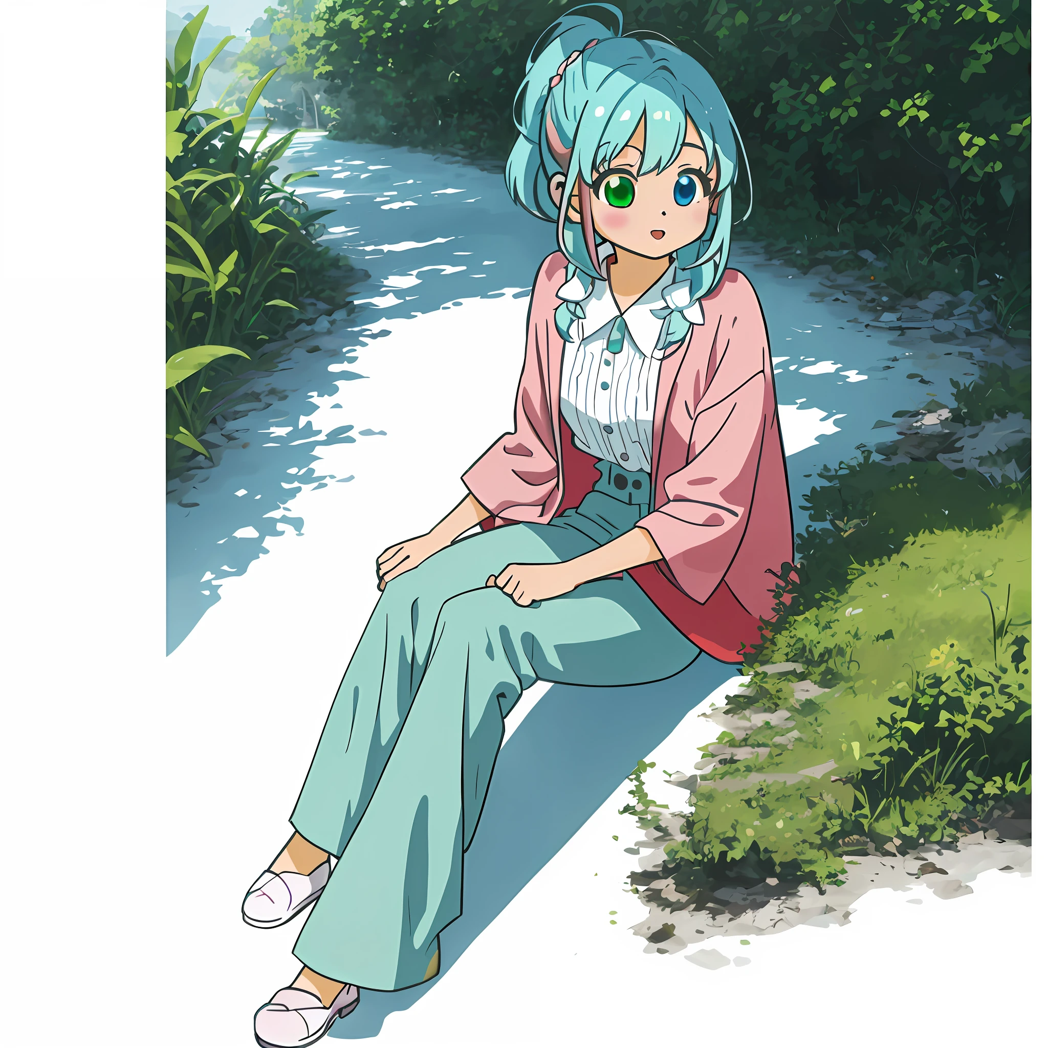 (masterpiece:1.2, best quality), ultra high res, absurdres, highres, 1girl, girl in distance, sitting, (tilt one's face),
(detailed beautiful eyes:1.1), (heterochromia, light blue eyes and light green eyes),(beautiful delight face:1.1), smile, open mouth,(kawaii1.5)
(white blouse, green long pants), (pale pink blue hair:1.3), (medium hair, multiple braids, low ponytail), dynamic angle,