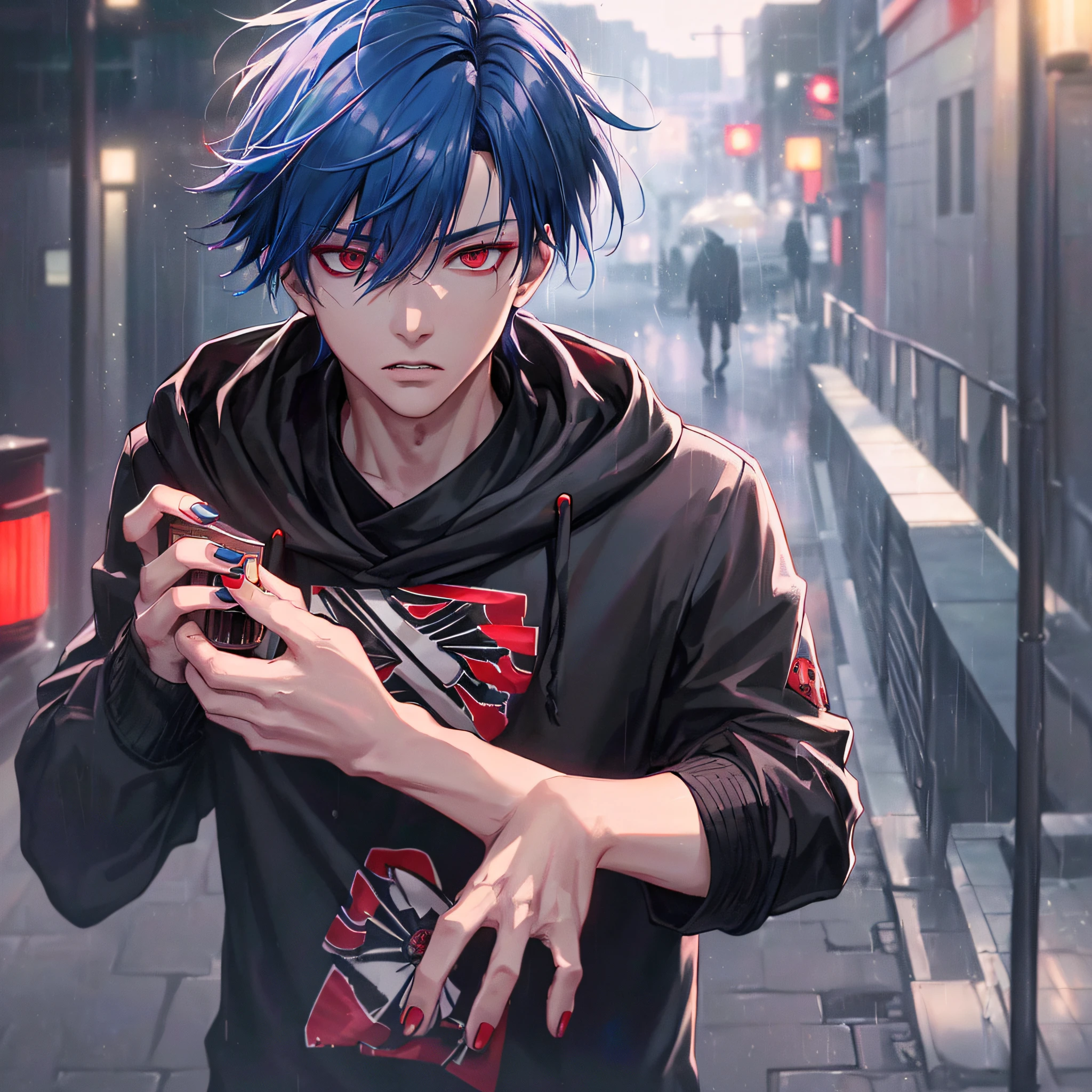 kk, best quality, more details, mastery, 1boy, kaneki ken, portrait, male focus, red eyes, solo, bangs, looking at viewer, hood, short hair, rain, tokyo tokyo (city\), bandana, nail polishing, blue hair, luxury, 8k, details, ray tracing, depth of field, cinema lighting,