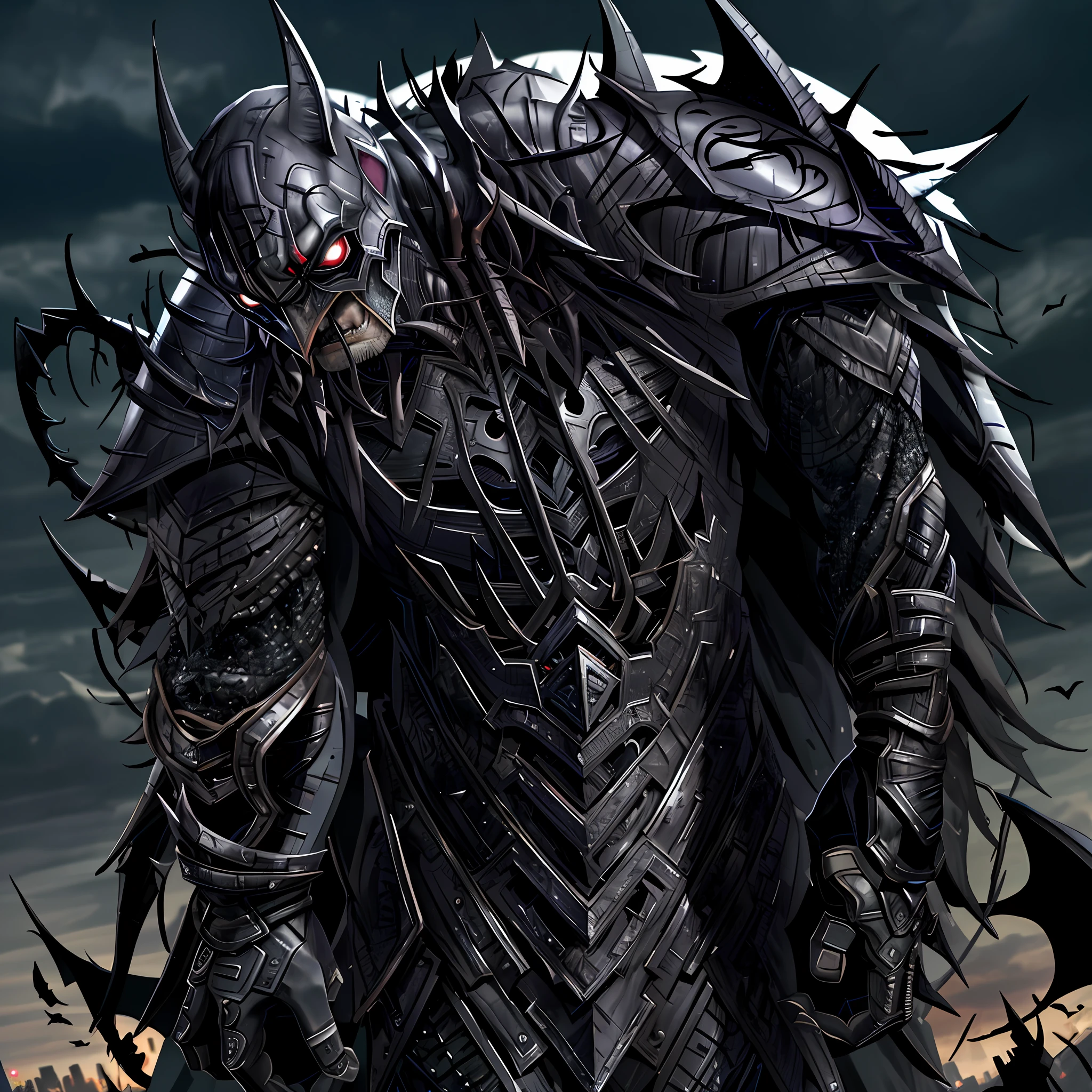 In the image, we can see Batman with the Venom Symbiote fused to his suit. Batman's suit is dark and covered in a thick layer of the black symbiote, which spreads across his wrists, chest, and back, as if he's alive and pulsating.
Batman is wearing his black cape with the iconic bat logo, but is now intricately fused with the symbiote. The symbiote wraps around the edges of the cape, creating a scarier and more sinister appearance than the normal Batman cape.
Batman's eyes are glowing an intense red, as if under the influence of the symbiote. Its bat ears are sharp and pointed, and its mouth is open in a fierce growl, showing the sharp teeth that seem to belong more to a creature than a man.
The background of the image is dark and gloomy, with the city of Gotham visible in the background but out of focus. The Venom Symbiote is enveloping Batman in black spirals, as if trying to completely overpower him.
The image is highly detailed, with realistic textures and deep shadows to create a sense of drama. Every detail of Batman's costume and symbiote is carefully portrayed, making the scene visually stunning and impactful.