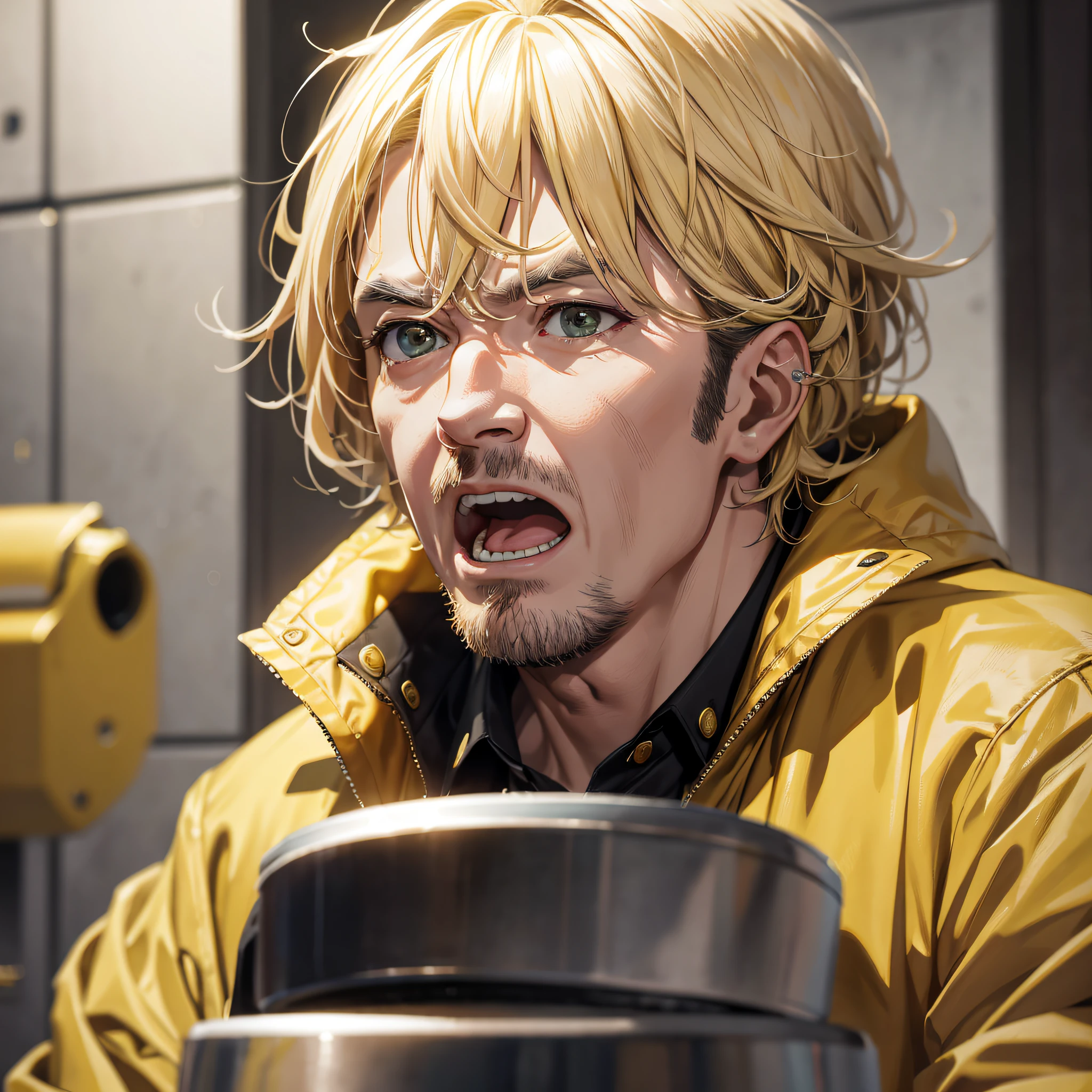 Absurd resolution, high resolution, (masterpiece: 1.4), hyper-detail, yellow coat white shirt yellow hair middle-aged man, shouting, expression shocked unbelievable, very dark weird toilet