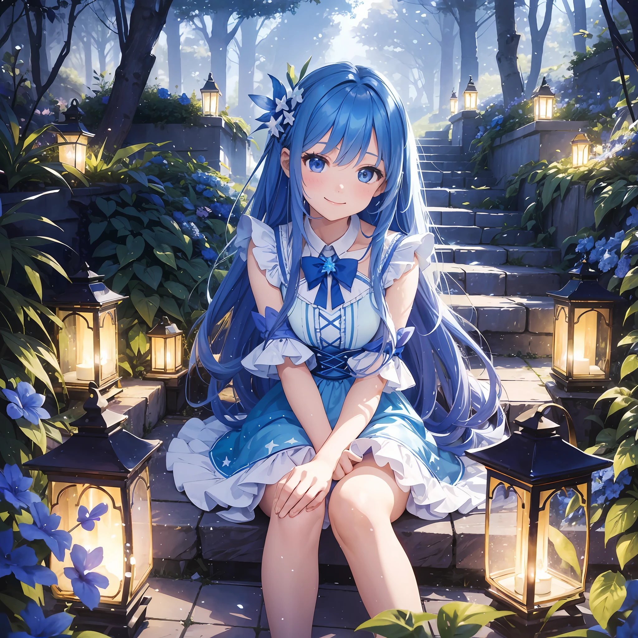Two-dimensional, summer, cute, blue and white gradient, scene where modern and fairy tale merge, vista, girl, smiling, on garden path, blue-violet gradient long hair, night when a person sprinkles stars on a candle fire, healing, masterpiece, best quality, high resolution, super detail, light and shadow rendering, pixiv --auto --s2