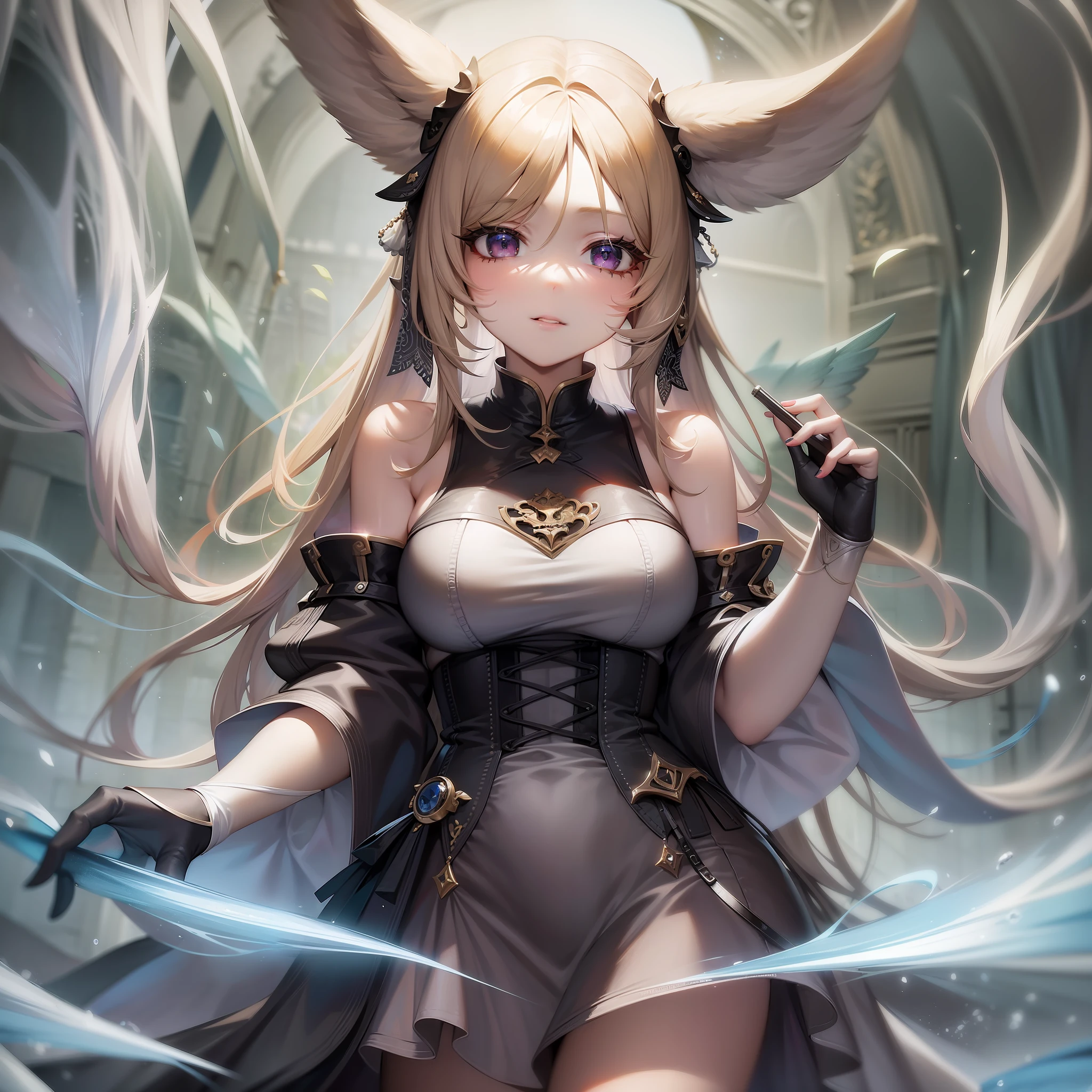 (Masterpiece) 8K resolution, beautiful girl with rabbit ears, blonde long hair and ash gray eyes, dress, fantasy style,