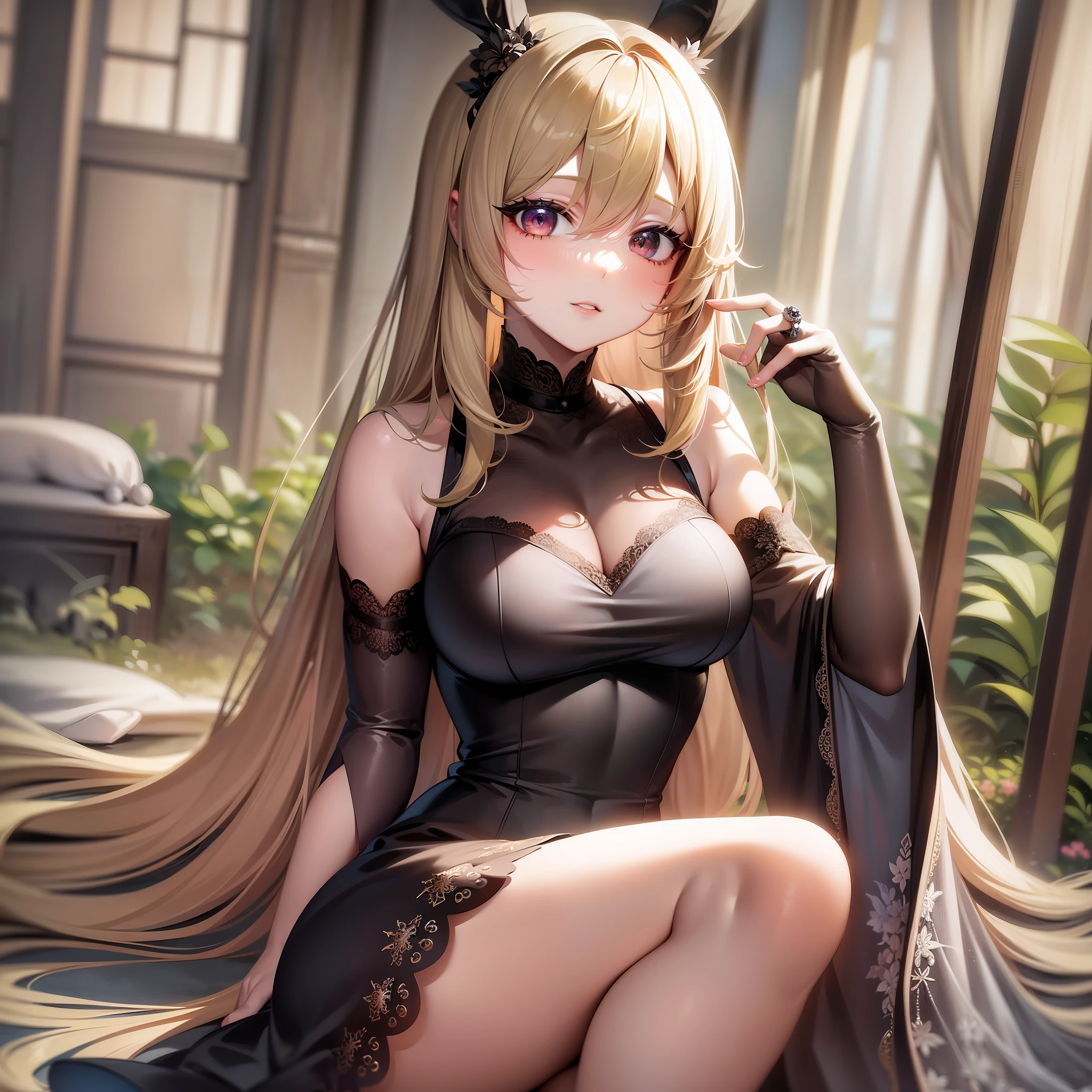 (Masterpiece) 8K resolution, beautiful girl with rabbit ears, blonde long hair and ash gray eyes, dress, fantasy style,