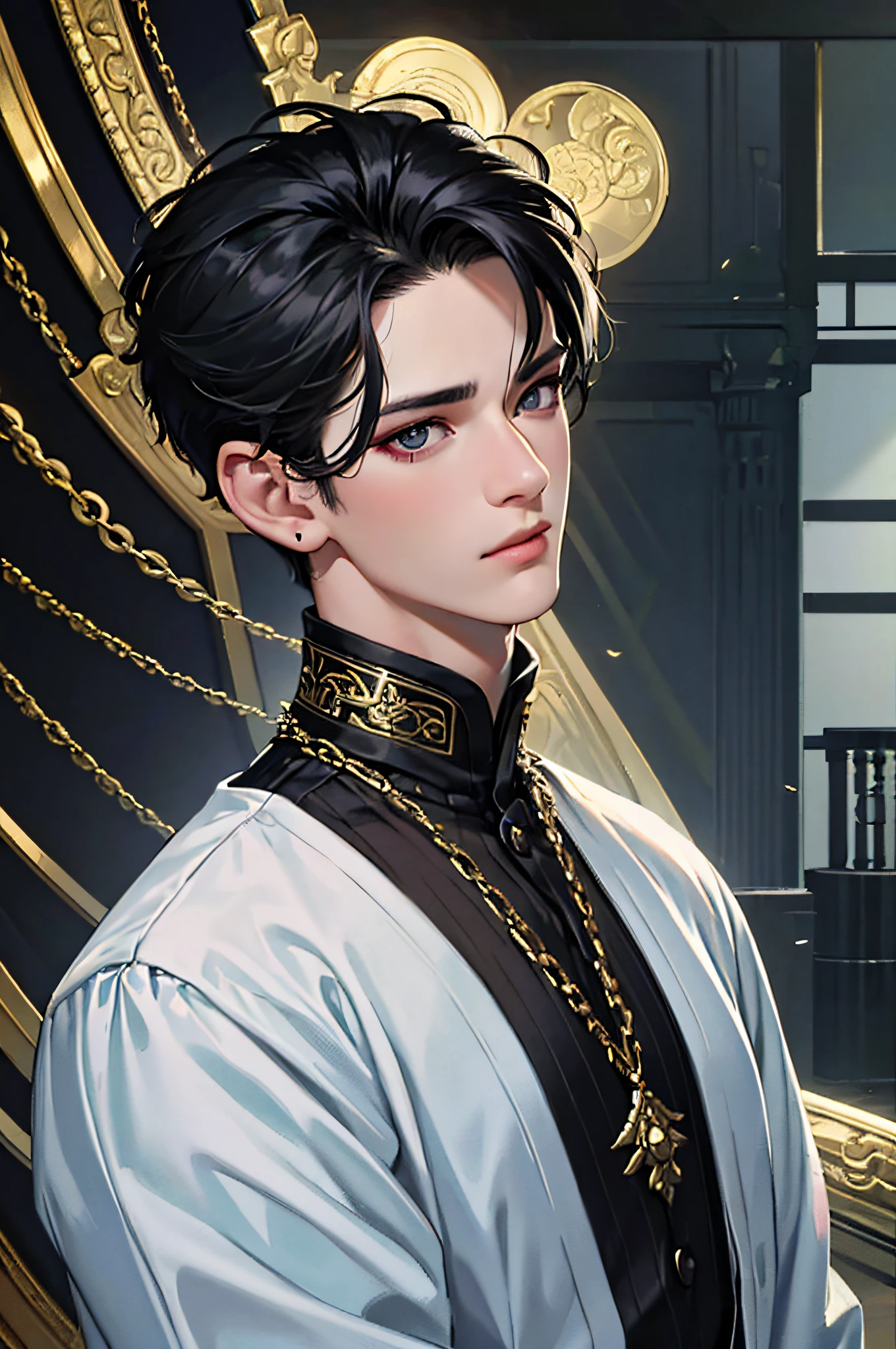 8k wallpaper, super detailed, beautiful, masterpiece, best quality, 1 adult young male, bust painting, black hair, short hair, flowing short bangs, delicate jawline, danfeng eyes, sad eyes, looking at the camera, high nose, normal dress, ear chain in one ear, battle damage makeup, dark atmosphere