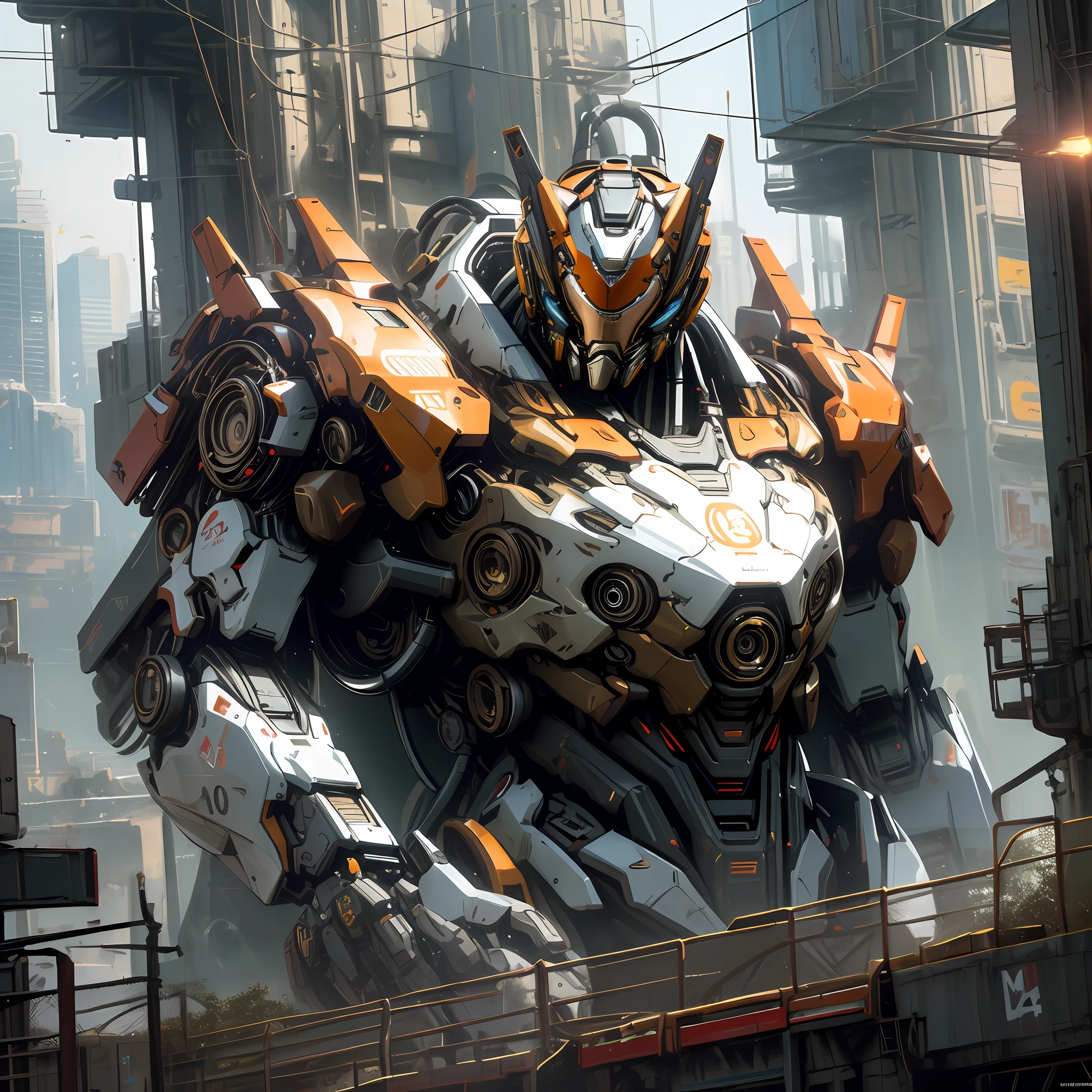 Dark_Fantasy, cyberpunk, (best quality, masterpiece), white, huge mecha in the shape of an orangutan, mechanical marvel, robot presence, cybernetics guardian, wearing cybernetic jacket, city, highest quality digital art, stunning art, wallpaper 4k, highly detailed, military robot, army, war zone, black and white, highest quality digital art, stunning art, wallpaper 4k, 8k, 64k, hd, unparalleled masterpiece, dynamic lighting, movie, epic, damaged mechanical parts