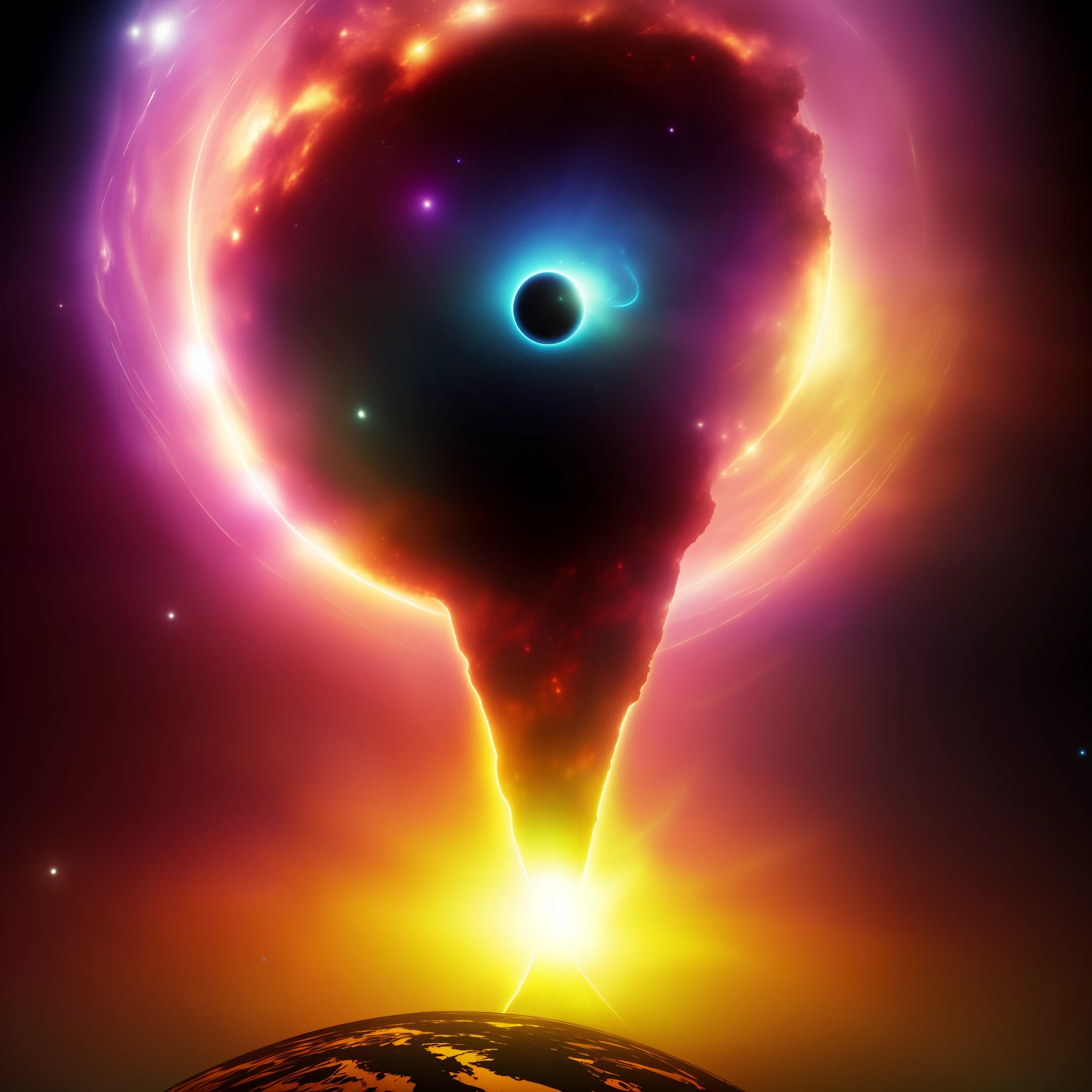 Scenario: A humanoid-shaped specter floats in outer space, in the midst of a complete void. Behind him, an immense black hole exerts its destructive power.

Instructions: Develop an image that represents this intriguing and mysterious scenario. Use soft colors and delicate contours to portray the humanoid-shaped spectrum, conveying its ethereal, translucent nature. Create a sense of imminent danger with the black hole in the background, using dark colors and swirling textures to represent its intense gravity. Add distant stars in different stages of brightness to create a sense of cosmic vastness. Explore soft lighting techniques and subtle shadows to accentuate the mystery and loneliness of the setting.
