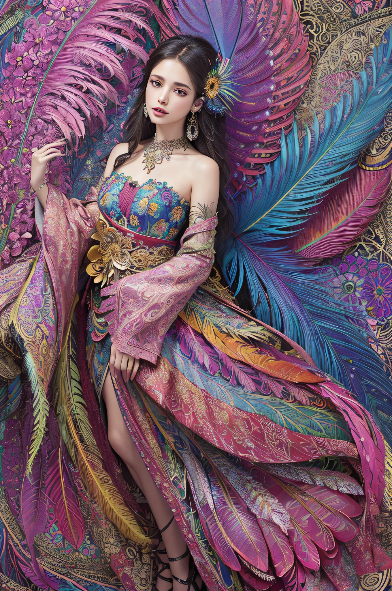 (masterpiece, top quality, best quality, official art, beautiful and aesthetic:1.2), (1girl:1.3), extremely detailed,(fractal art:1.1),(colorful:1.1)(flowers:1.3),highest detailed,(zentangle:1.2), full body, (abstract background:1.3), (shiny skin), (many colors:1.4), ,(earrings), (feathers:1.5),