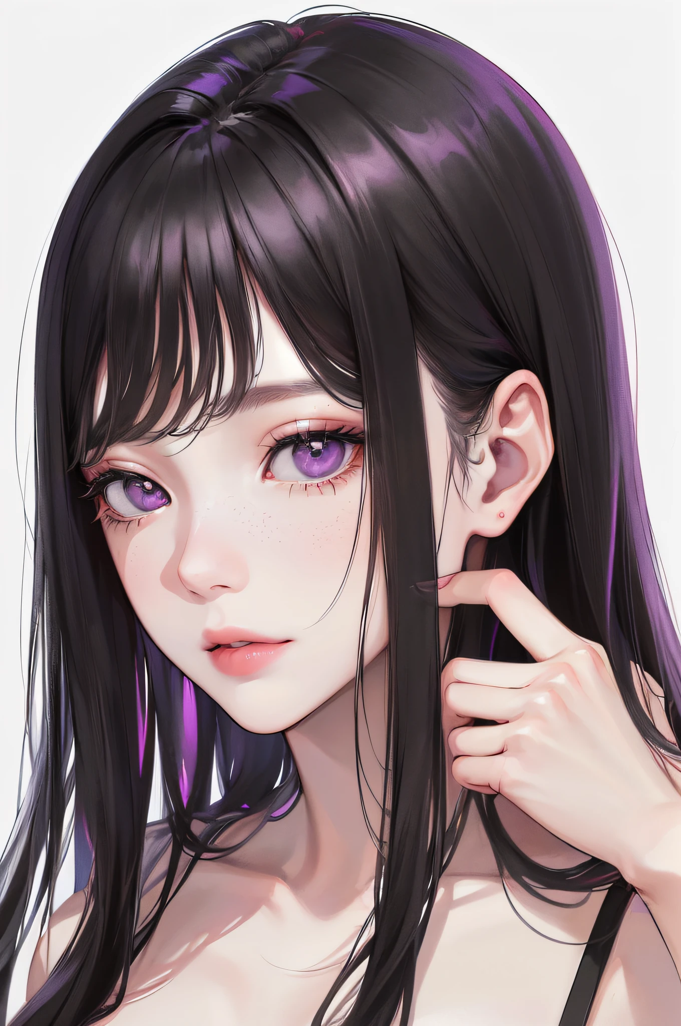 (highest resolution, distinct_image) The best quality, a woman, masterpiece, highly detailed, (semi-realistic), long black hair, long straight hair, black hair bangs, purple eyes, mature, cherry glossy lips, white background, close-up portrait, solid circle eyes, minimalistic