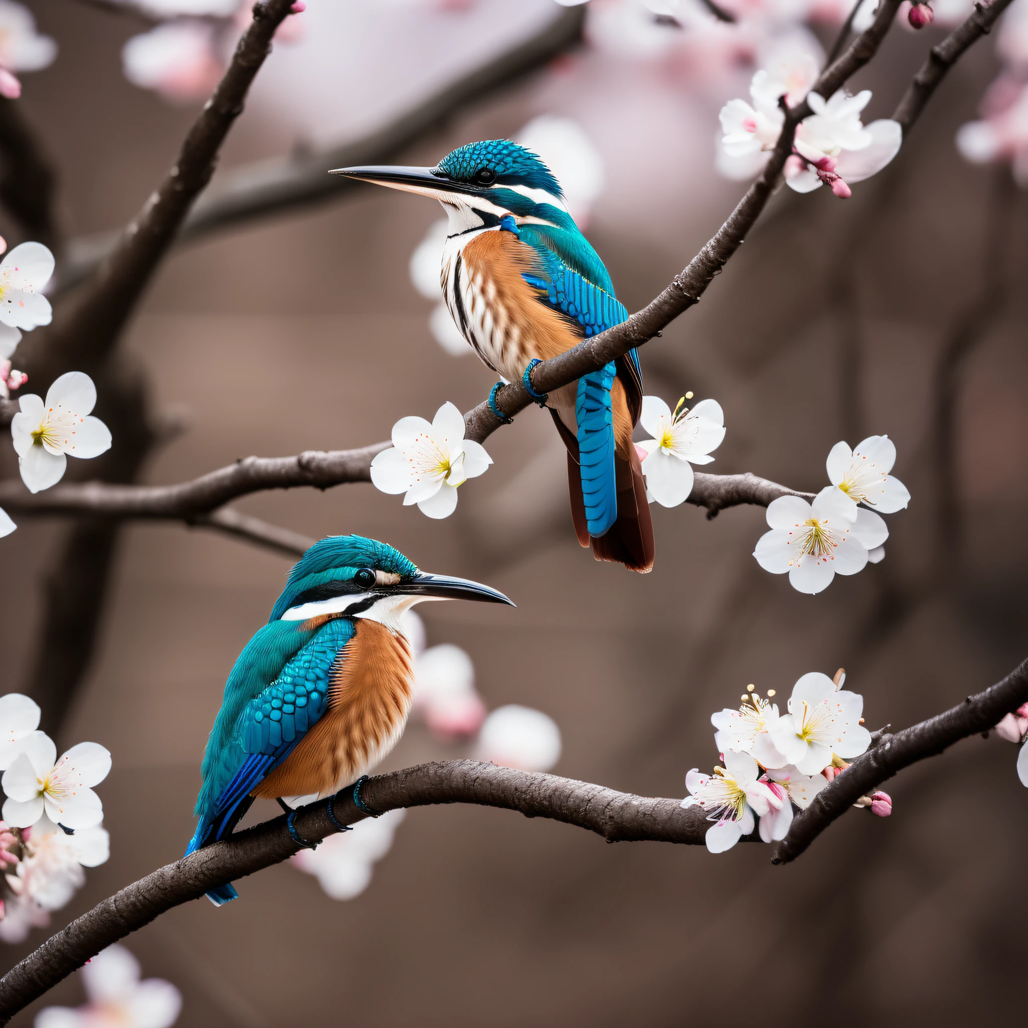 Superb Kingfisher Near White Cherry Blossoms on Branches, Dark, Dawn, (Cold Morning: 1.1), (Morning Dew: 1.15), Realistic Photography, (Low Photo: 1.2), Detail, 8K, Intricate Folded Feathers, Water Droplets on Feathers, (to8contrast style), (MIST: 0.7), Bright Colors, Sony a6600 Mirrorless Camera, embellish2 --auto --v 6