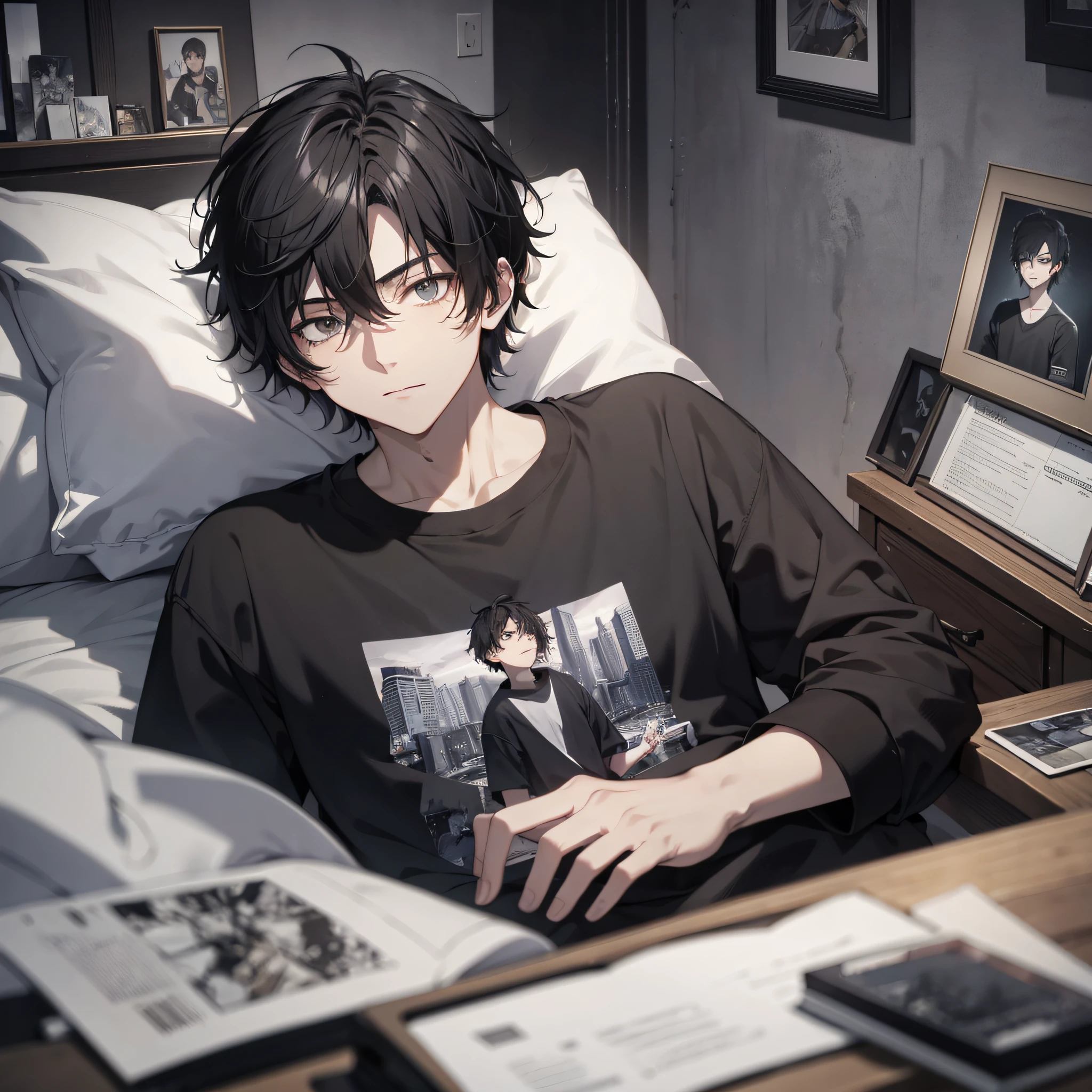 Absurd resolution, high resolution, (masterpiece: 1.4), hyper-detail, night, young man messy short black hair, black casual clothes, eerie room, lying in bed