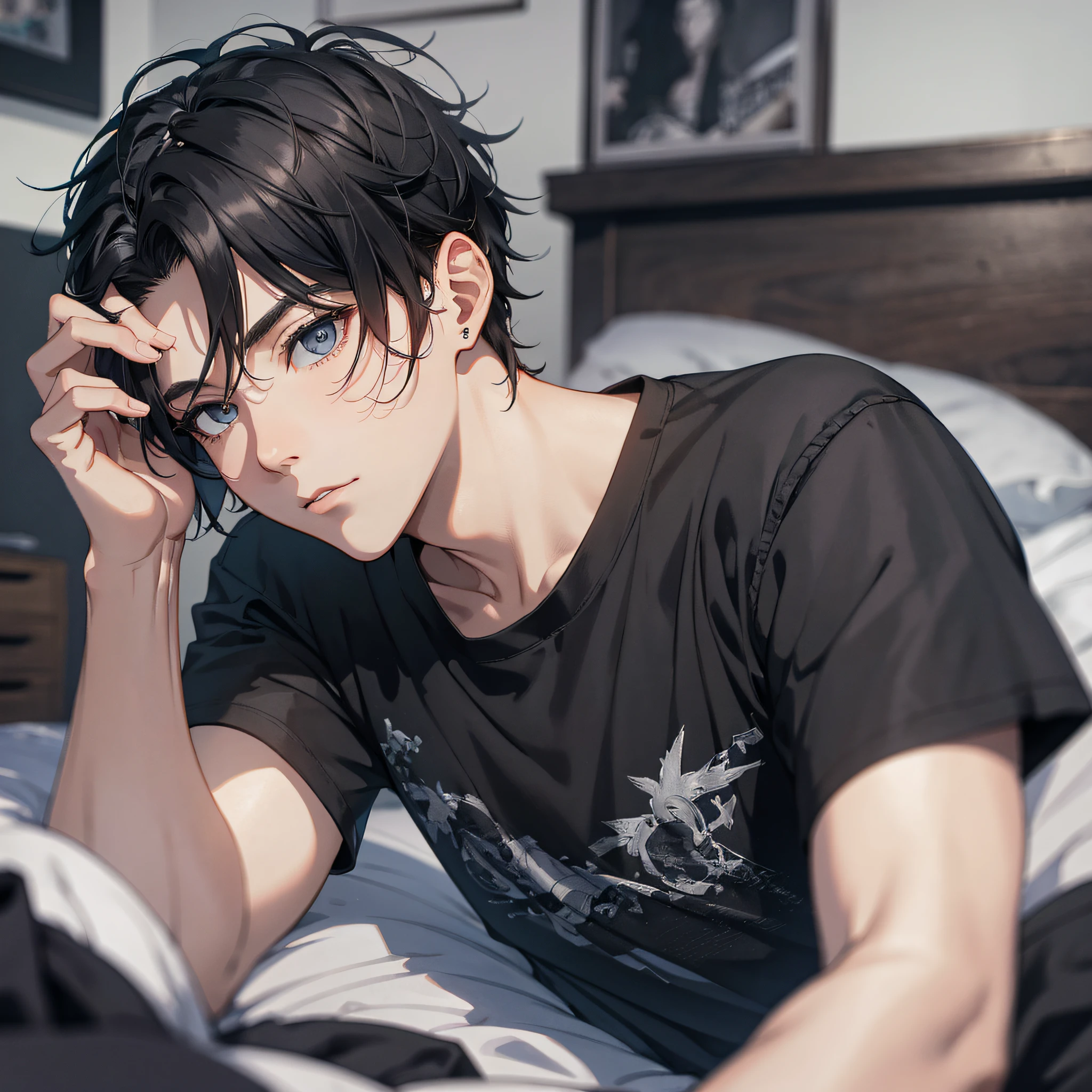 Absurd resolution, high resolution, (masterpiece: 1.4), hyper-detail, night, young man messy short black hair, black casual clothes, eerie room, lying in bed
