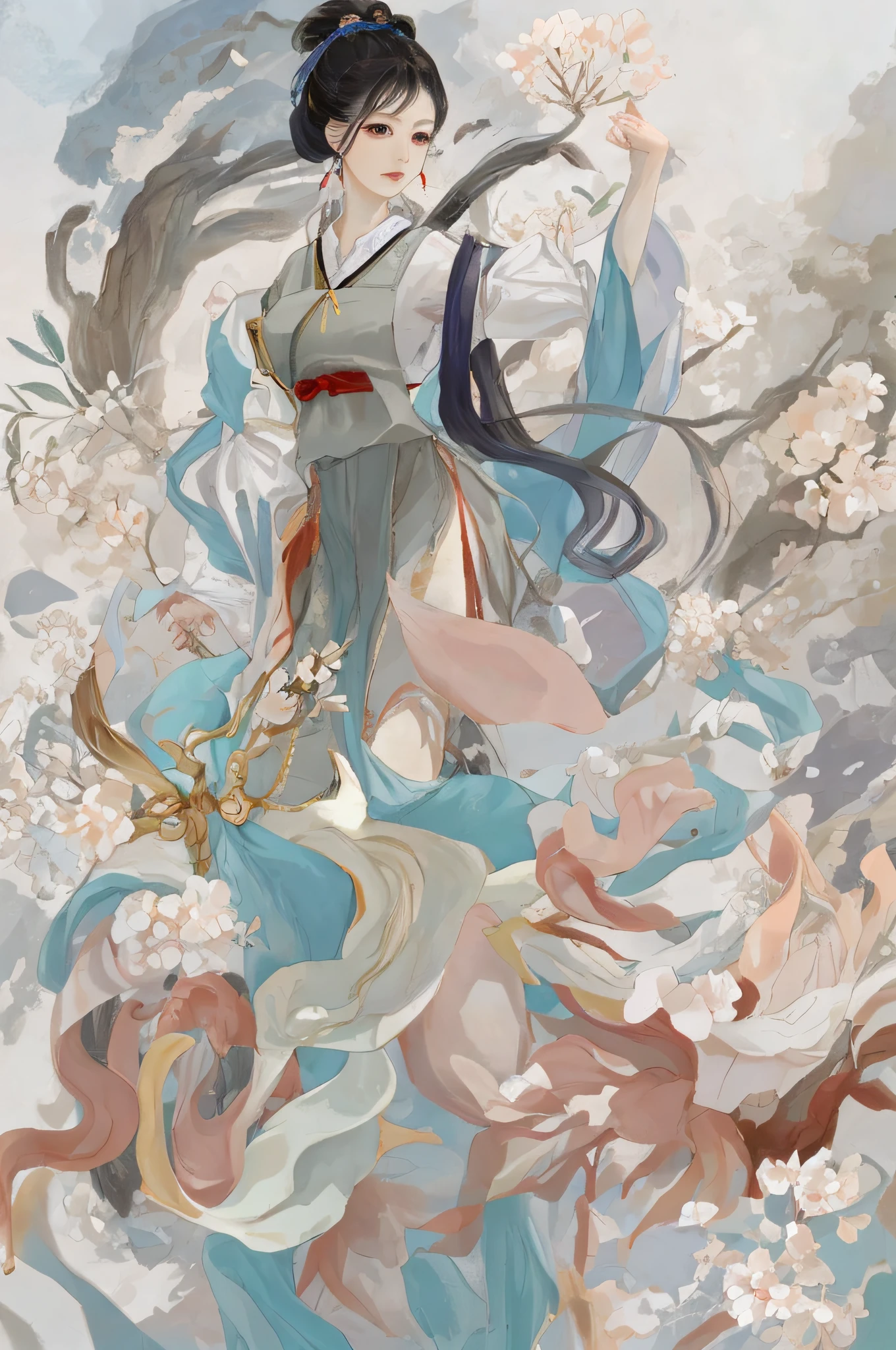Ancient Chinese beauty sitting on stone, dressed in ancient Chinese clothing, flowing tulle, light silk, large lotus leaves, lotus flowers, ink painting style, clean colors, decisive cut, white space, freehand, masterpiece, super detailed, epic composition, high quality, highest quality, 4k --v 6