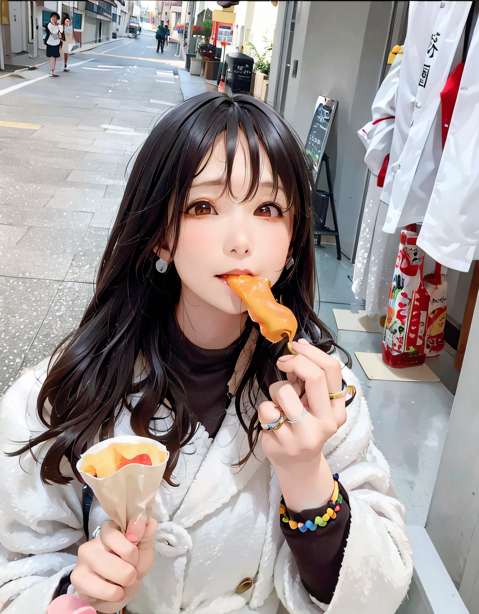 woman eating a hot dog with a bun in her mouth, 奈良美智, chiho, dilraba dilmurat, eating, shikamimi, 🚿🗝📝, sakimichan, ulzzang, 8k)), kotegawa yui, shiori teshirogi