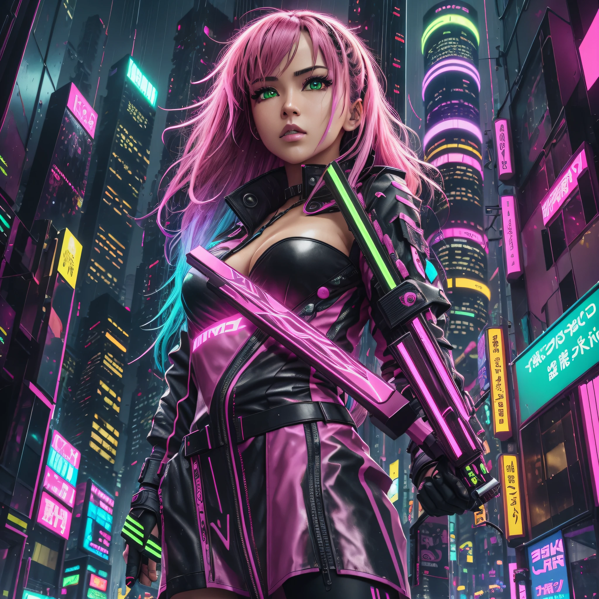 best quality, 8k, ultra realistic details, vivid colors, chaotic city, rainy weather, cyberpunk costumes, tokyo, mirrored skyscrapers, night, wet streets, people in a hurry, led lighting in yellow, cyan, green and pink tones, warrior with futuristic black and pink outfit, holding a pink led sword, black glove in left hand --auto --s2