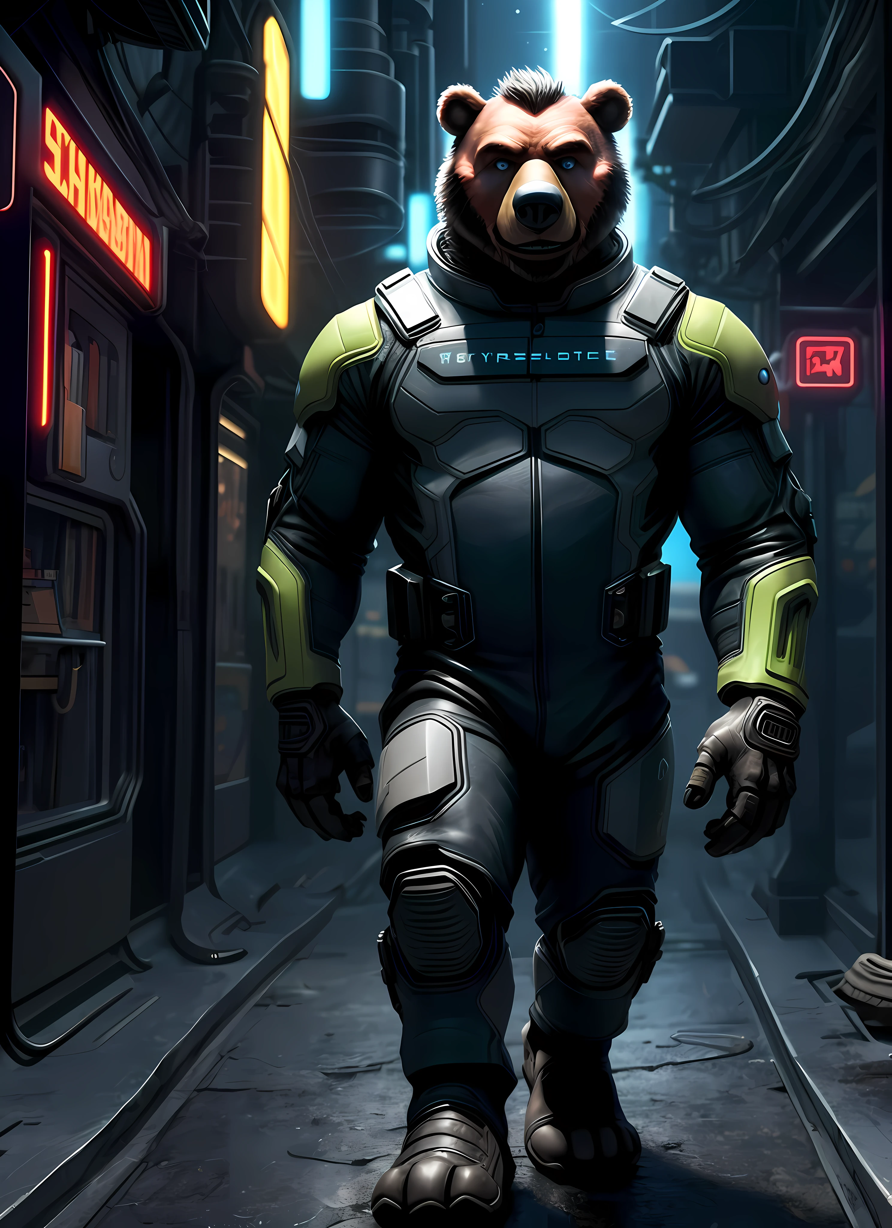 3d pixar bear with abstract eyes wearing a leather spacesuit on its feet, holding a blaster, cinematic lightning, concept art character, very high angle view, book cover, very attractive man with beard, walking in cyberpunk valley highly detailed full body, strong masculine features, sturdy body, command presence, royalty, smooth, sharp focus, organic, appealing, deep shadows