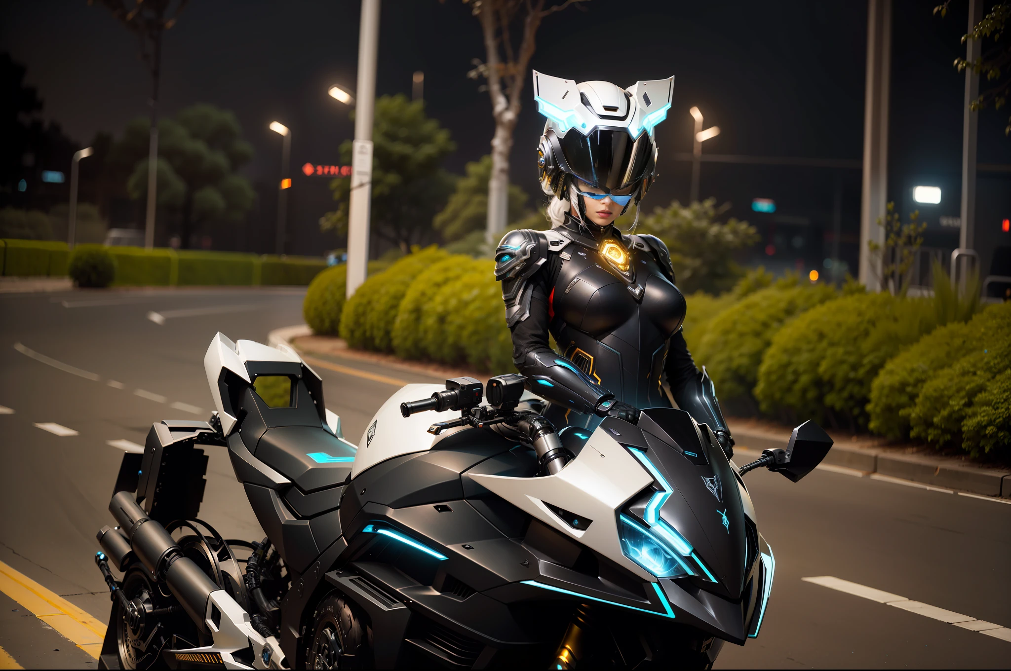 Cyber Warrior Woman and Cyber Mechanical Motorcycle, Full Body Exquisite High-Tech Armor, Exquisite Black Tech Helmet, Nousr, Biomechanics, MSHN Robot Man, High-Tech Helmet, Surreal, Steel, Intricate Design, Crazy Details, Fine Details, Extremely Clear Lines, Cinematic Lighting, Photo Realistic, Detailed Masterpiece