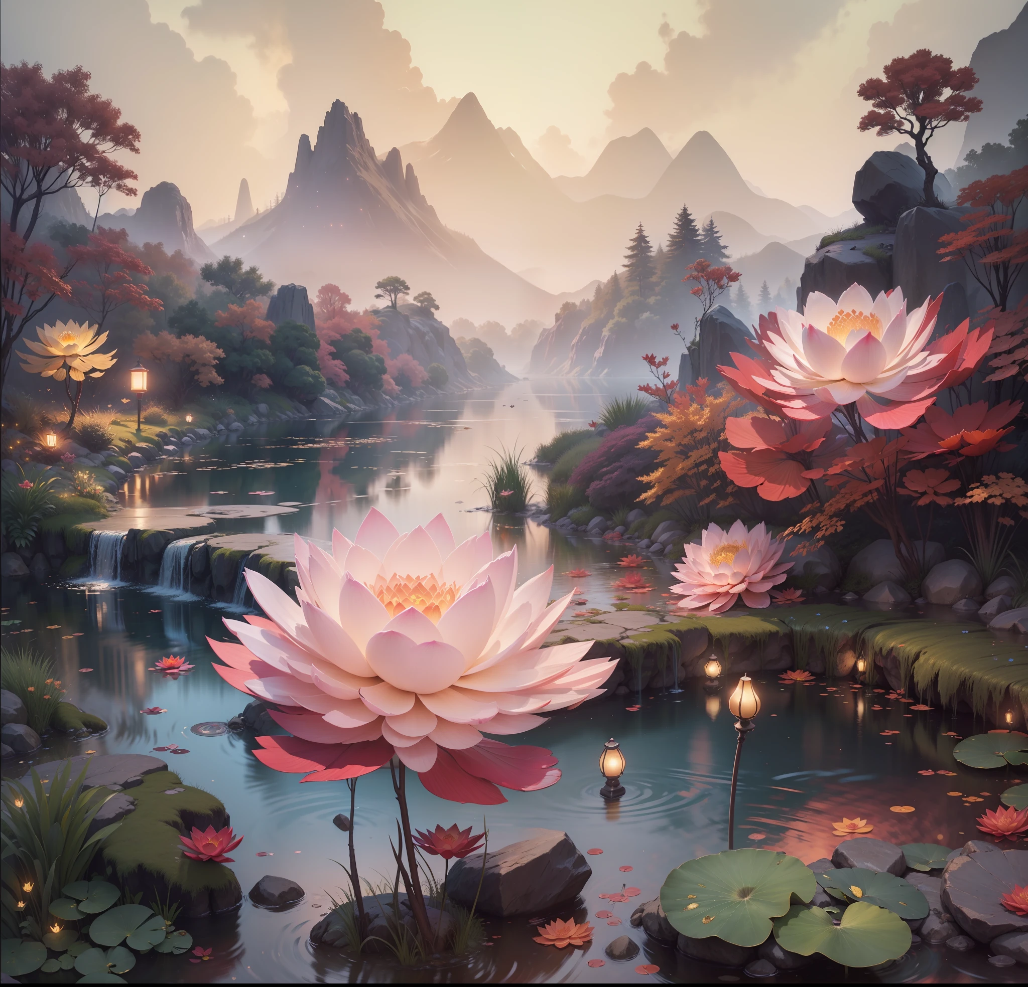 Masterpiece, best quality, (very detailed CG unified 8k wallpaper), (best quality), (best illustration), (best shadow), glowing elf with a glowing deer, drinking water in the pool, natural elements in forest theme. Mysterious forest, beautiful forest, nature, surrounded by flowers, delicate leaves and branches surrounded by fireflies (natural elements), (jungle theme), (leaves), (branches), (fireflies), (particle effects) and other 3D, Octane rendering, ray tracing, super detailed, alpine flowing water Xiaoqiao artistic conception beauty, there is a kind of sea and a hundred rivers with tolerance and great artistic conception, and landscape painting of Jiangnan water town. Red atmosphere, maple leaves, autumn, artistic conception, red lotus, lotus pond moonlight, autumn, pond --auto --s2