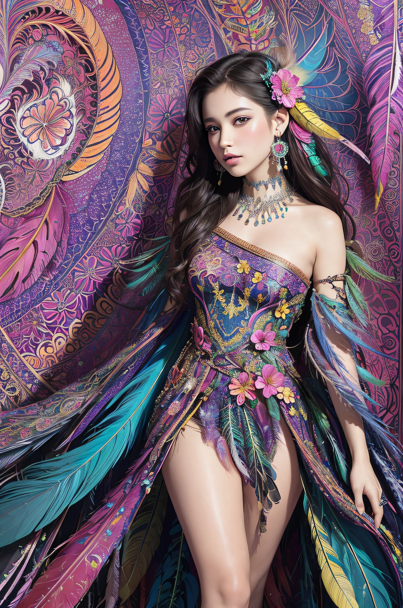 (masterpiece, top quality, best quality, official art, beautiful and aesthetic:1.2), (1girl:1.3), extremely detailed,(fractal art:1.1),(colorful:1.1)(flowers:1.3),highest detailed,(zentangle:1.2), full body, (abstract background:1.3), (shiny skin), (many colors:1.4), ,(earrings), (feathers:1.5),