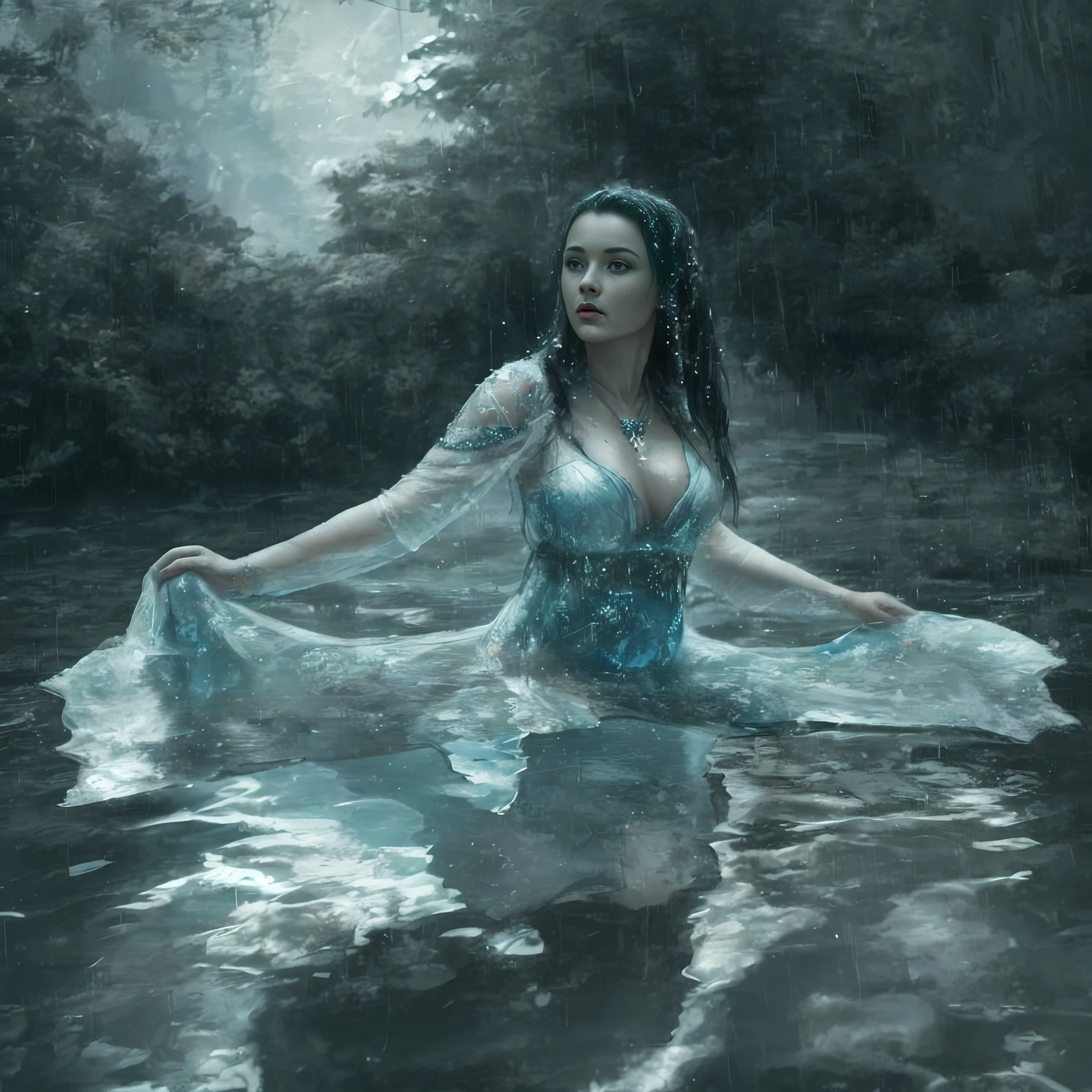 a woman in a hanfu is standing inside river, nymph in the water, photoshoot queen of oceans, in water up to her shoulders, fantasy photoshoot, wearing a dress made of water, in water, in the water, cinematic goddess shot, a stunning young ethereal figure, nature goddess, ethereal beauty, water fairy, in a lake, dress made of water, background cyberpunk 2077, modern building, dark aesthetic, darkness, crazy visual, cinematic, grain, masterpiece, best quality