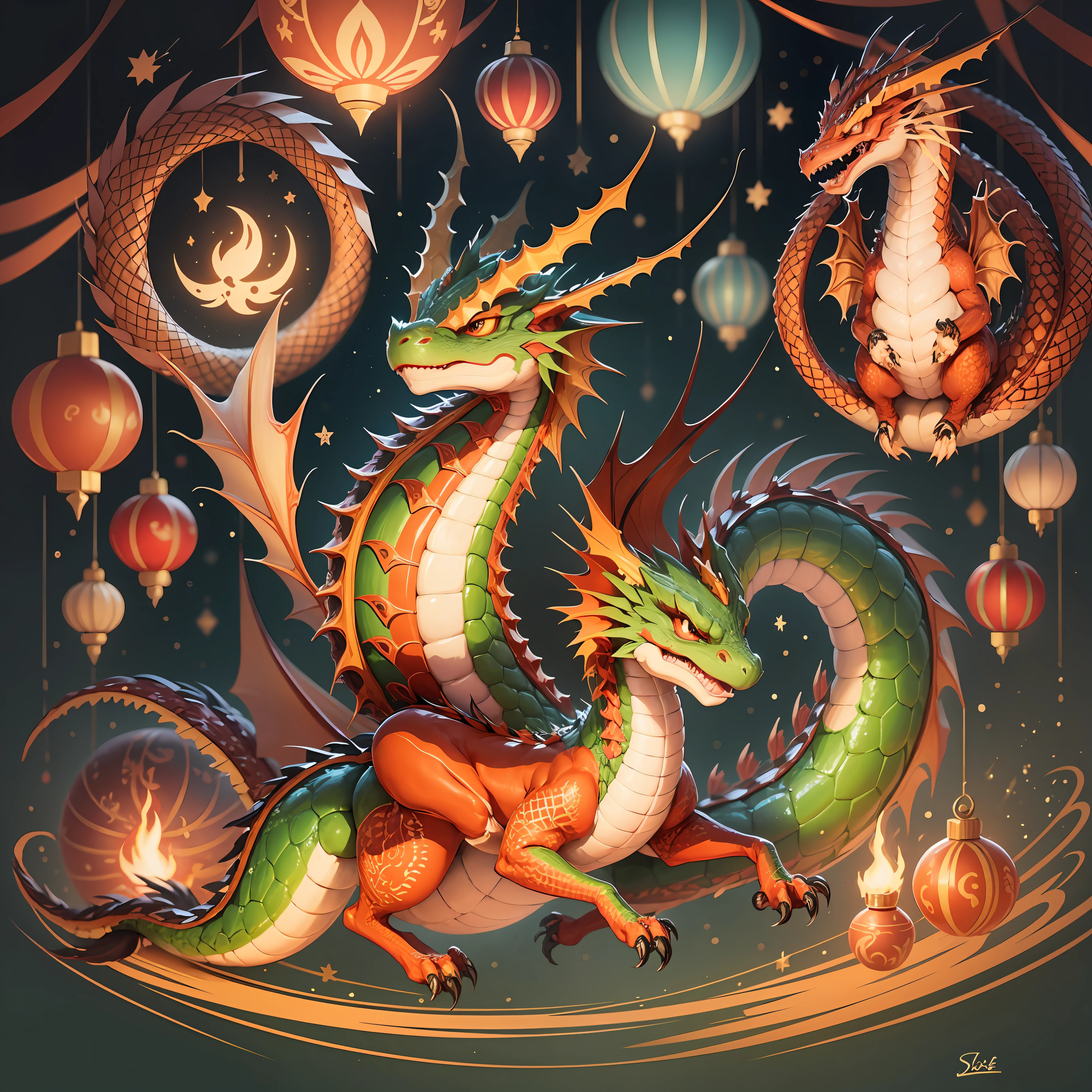 New Year's greetings, mascot "Dragon", expressed in hand-drawn style illustrations. In the illustration, integrate the festive atmosphere, you can add Spring Festival elements, while avoiding the similarity of the "dragon" style. --auto --s2