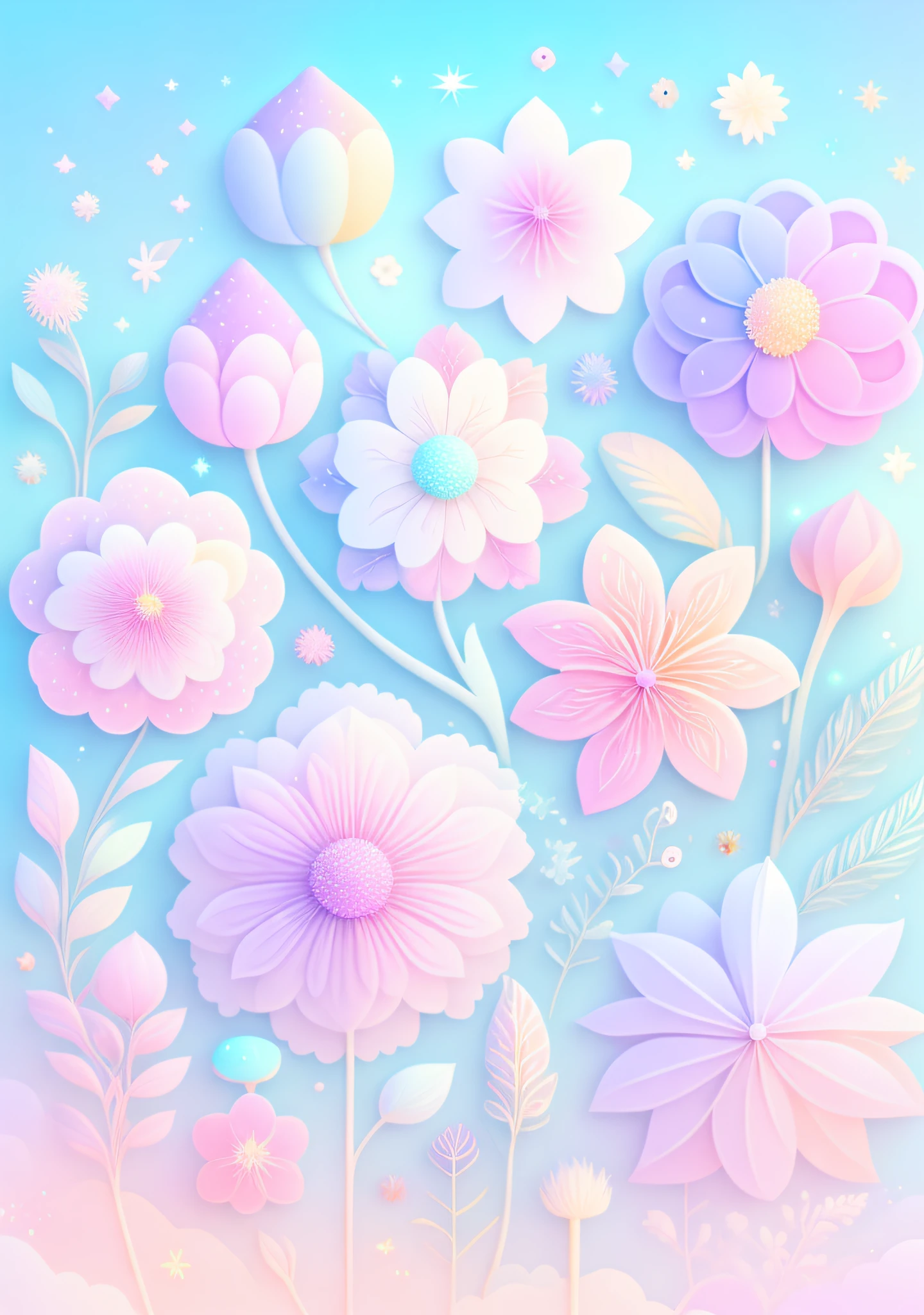 "Various flowers, cartoon illustration, sky in a gradient of pastel colors with twinkling stars. Immerse yourself in a mystical world full of magical elements (weighted at 0.9)."