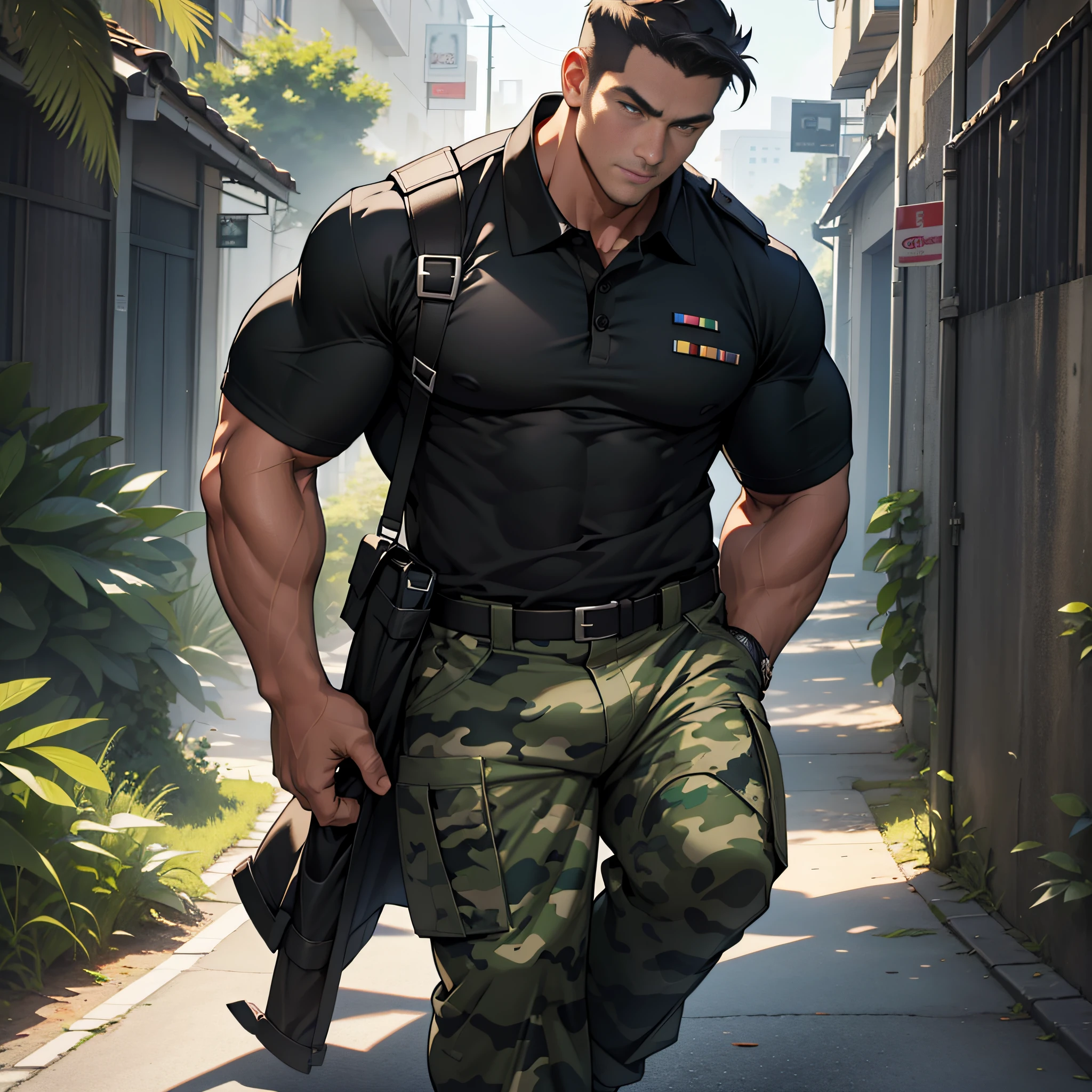 A man in military uniform (dark open polo shirt, camouflage pants), height 195, protruding lower body, thick large muscles, muscles, ultra high resolution, ray tracing, volumetric light and shadow, super high resolution, rich background, episodic, black socks,