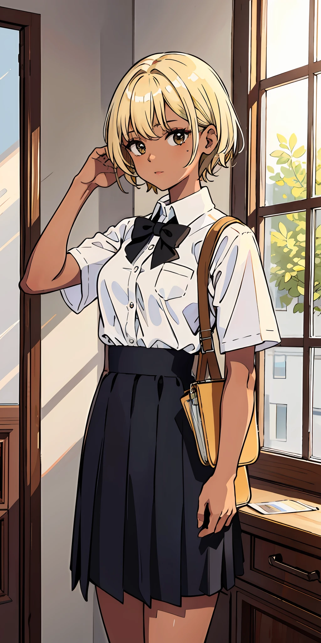 (top quality, masterpiece), 1 girl, 18 years old, stunning, sexy, blonde short, brown skin, tan, uniform, long skirt, mole, room, small, small breasts, thin areola