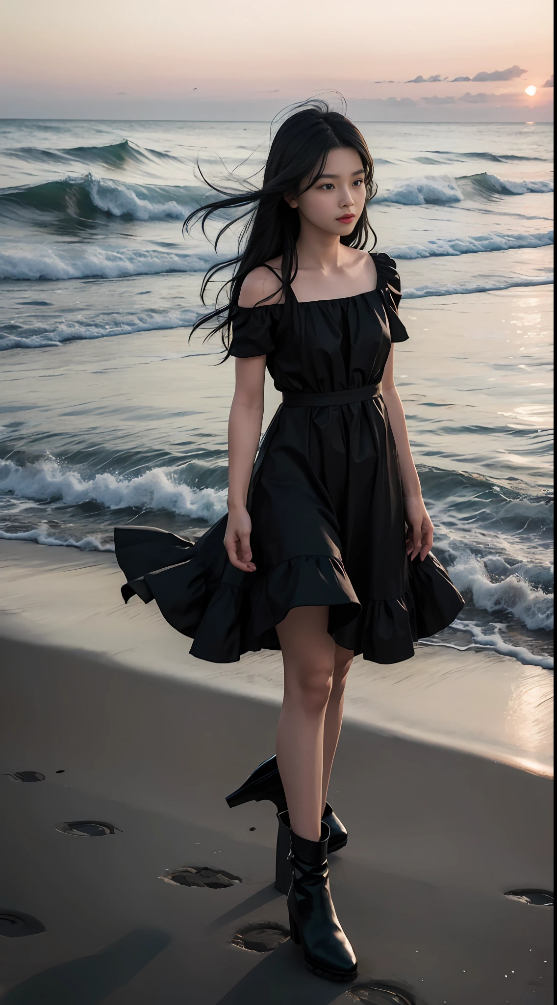 (A girl: 1.3), long black hair, standing, facing the observer, wearing a long black dress, black high-heeled boots, outdoor, seaside, beach, sunset, girl tall, beautiful, dressed conservatively, mature, smaller neckline, short sleeves