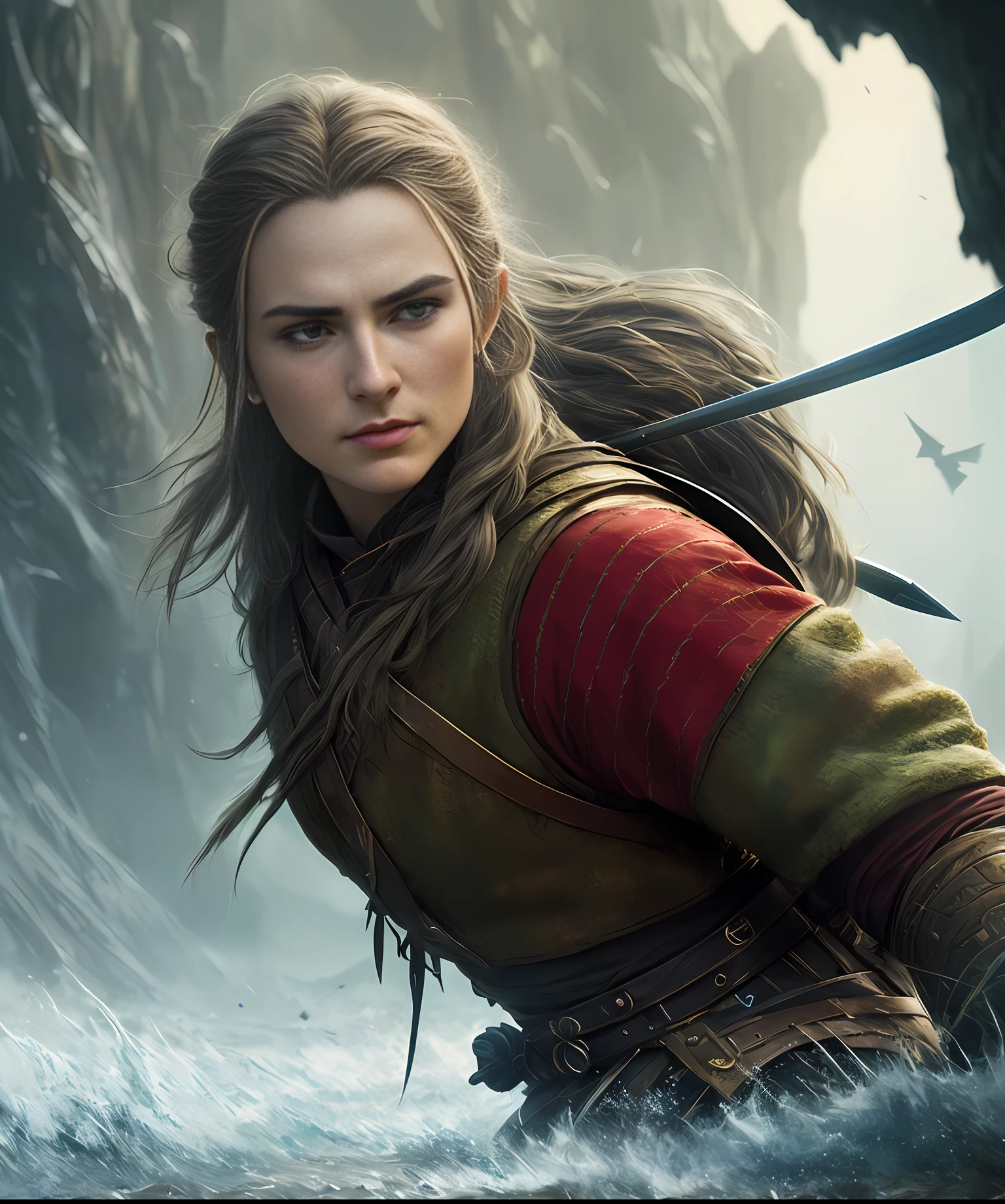 daggers in hend, 
High detail RAW color art, animation,
(Orlando Bloom:1.1) as Legolas from LOTR, 
((chasing an orcs)),  mordor swamp, (elven ears),  battle on frozen river
long hair, chase, wooden bow
orcs on background, highdetaled face,
magical atmosphere, (muscle), (detailed skin, skin texture), intricately detailed, fine details, hyperdetailed, raytracing, subsurface scattering, diffused soft lighting, shallow depth of field, by (Oliver Wetter)
Atey Ghailan, by Jeremy Mann, Greg Manchess, Antonio Moro, trending on ArtStation, trending on CGSociety, Intricate, High Detail, Sharp focus, dramatic, photorealistic painting art by midjourney and greg rutkowski, bokeh on background