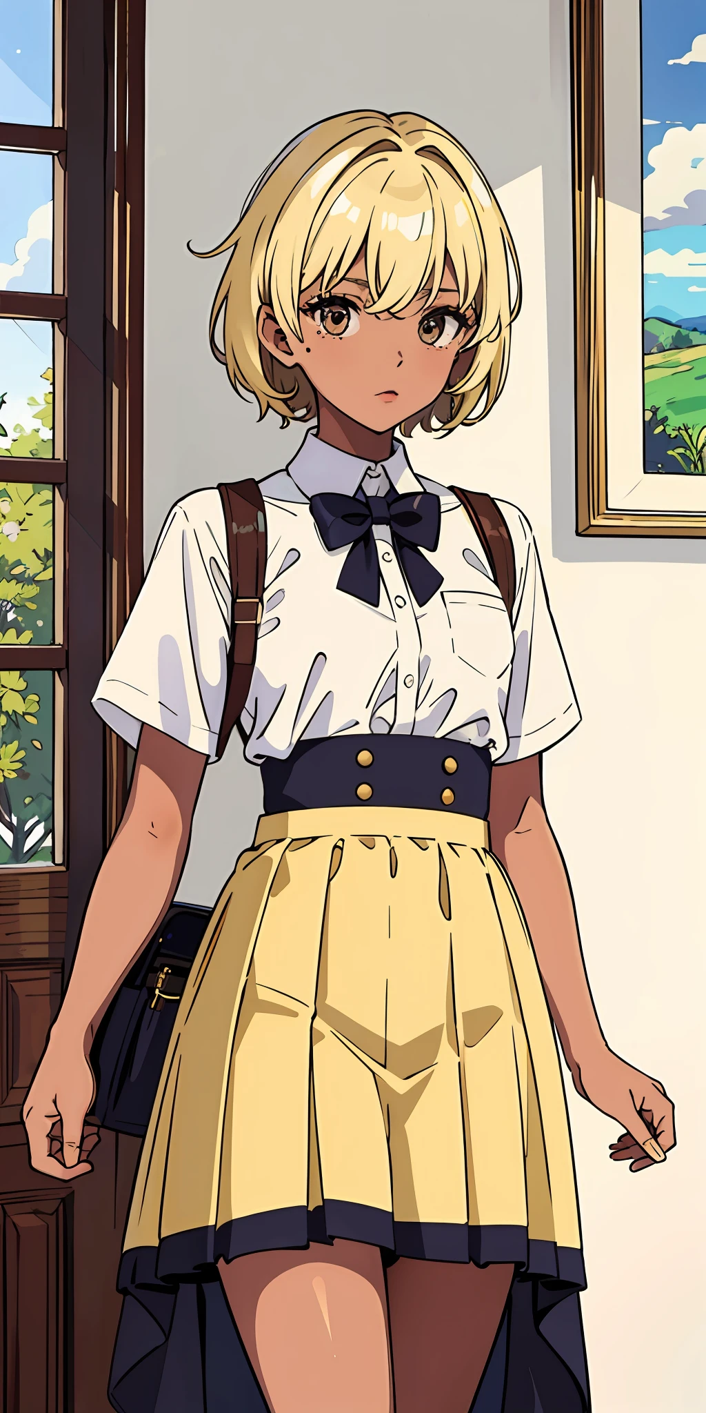 (top quality, masterpiece), 1 girl, 18 years old, stunning, sexy, blonde short, brown skin, tan, uniform, long skirt, mole, room, small, small breasts, thin areola