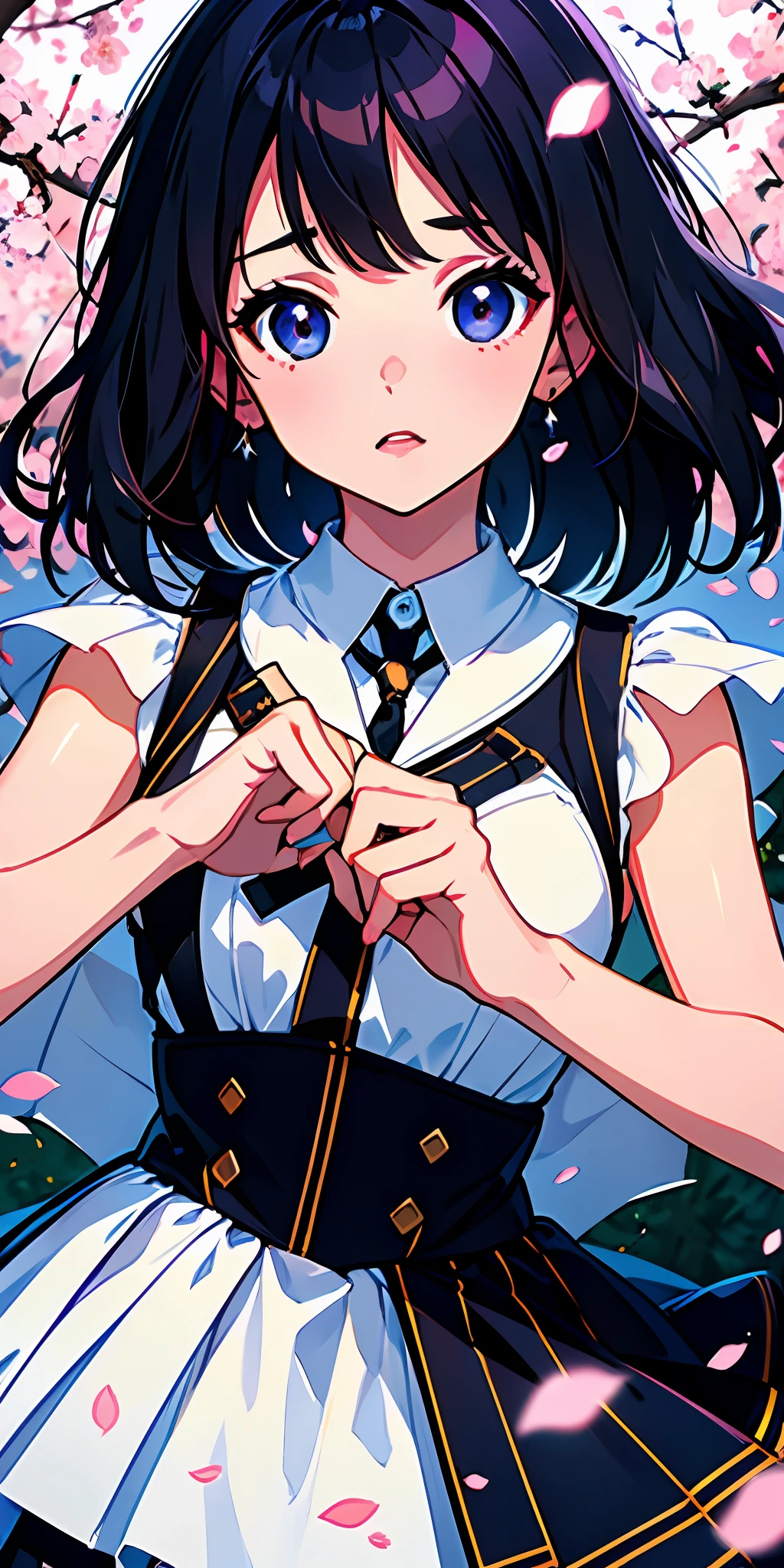 (8k best quality, masterpiece:1.2), (impeccable illustration desinger), (eye details:1.2), (delicate face and features), (extremely detailed background scenery 8k CG wallpaper), cinematic and artistic tones, soft and subtle pastel colors, in a beautiful environment and with rose petals flying with the Sakura tree wind, 1pretty girl with short hair stuck and with bangs, wearing a school uniform, in an artistic and three-dimensional cinematic lighting.