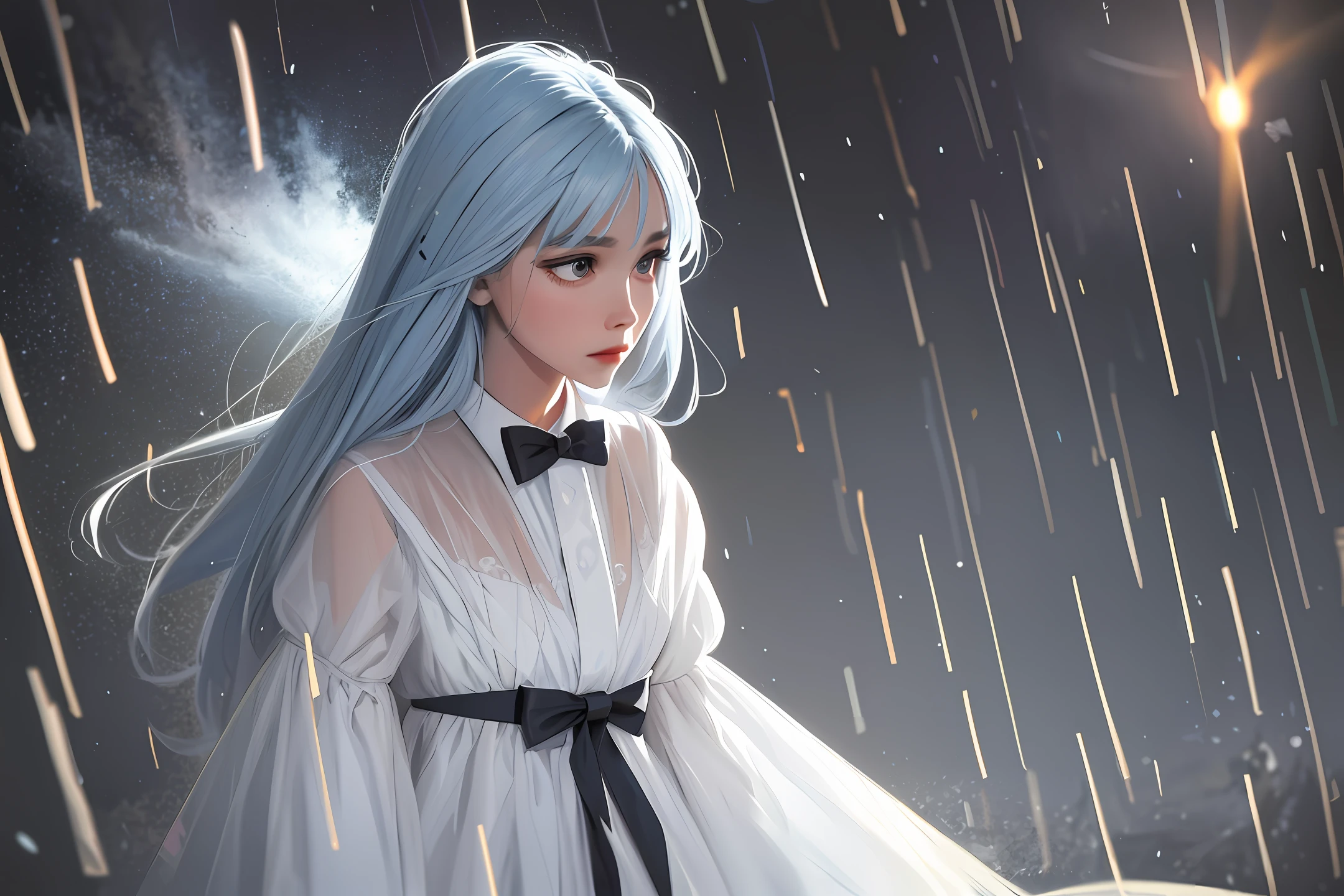 Masterpiece, Superb Painting, Illustration, {Beautiful and Detailed Woman}, Beautiful Detailed Glow, (War: 1.2), (Nuclear Explosion Behind: 1.3), Rain, Detail Lighting, Detail Water, (Beautiful Detailed Eyes: 1.1), Expressionless, Court, Sky Blue Hair, Loose Hair, Long Bangs, Eyebrows, (White Gray Dress: 1.1), Black Ribbon, White Bow Tie, Upper Abdomen, Large Forehead, Dumb, Flower, Long Sleeves
