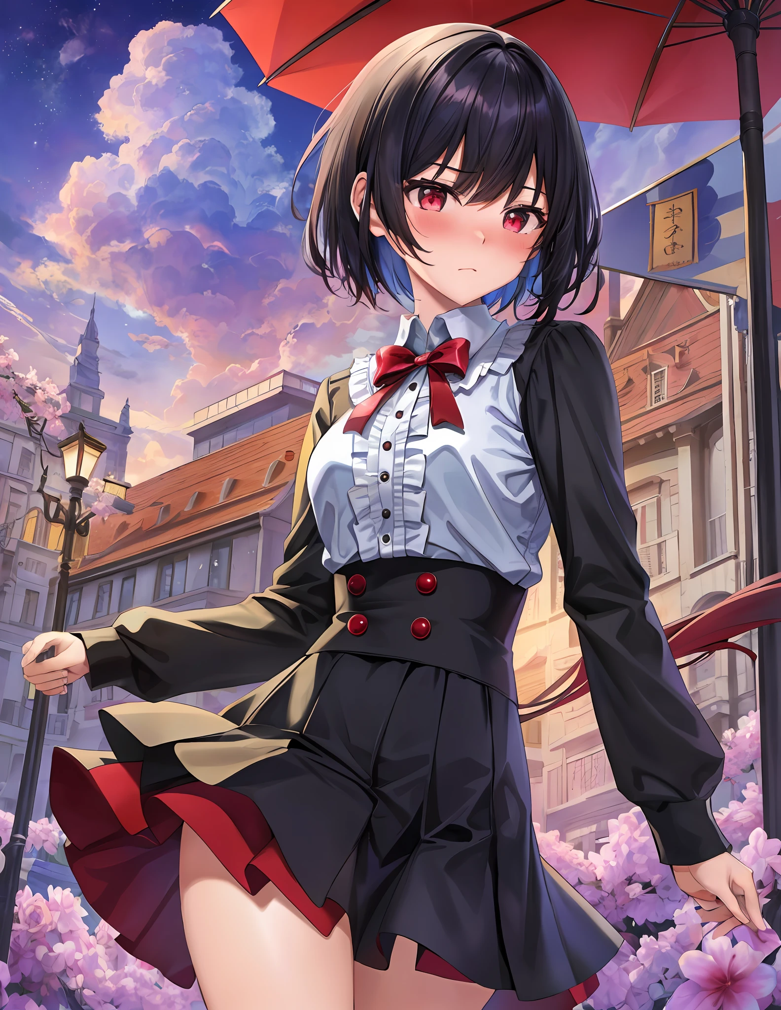 Model Shooting Style, (Masterpiece:1.3), (Absurdity:1.3), (Best Quality:1.3), (8K), (Masterpiece Digital Art), (Detailed Manga Illustration), (Handle Hair), Perfect Anatomy, (Complex Detail:1.3), (Detailed Detail:1.3), (Illustration:1.3), (Sharp Focus:1.3), (Vivid Color:1.3), 1Girl, Solo, ( Short hair:1), hair between the eyes, (black hair), red eyes, floating hair, miniskirt, partially unbuttoned, (embarrassed, embarrassed, blush),