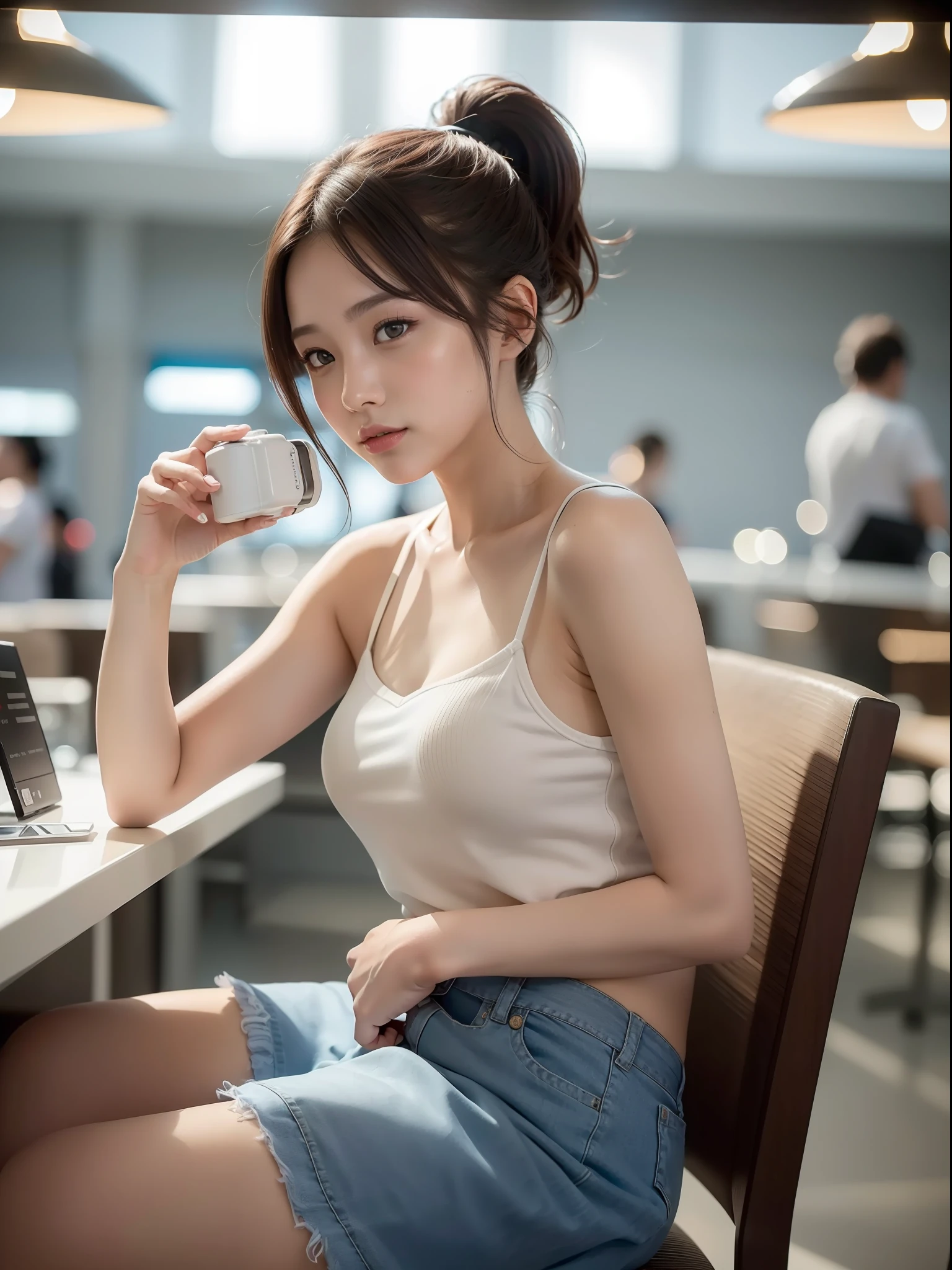 ((Best quality, 8k, Masterpiece: 1.3)), Sharp focus: 1.2, (1 AESPA girl: 1.3), beautiful face girl with cellphone, cute face, age 24, small breasts, flat chest, brunette short messy hair, or ponytail, sitting, white shirt, camisole, skirt, airport, terminal, station, something drinking, sunlight, kindness, cinematic lighting, (8k, masterpiece, best quality, raw photo)