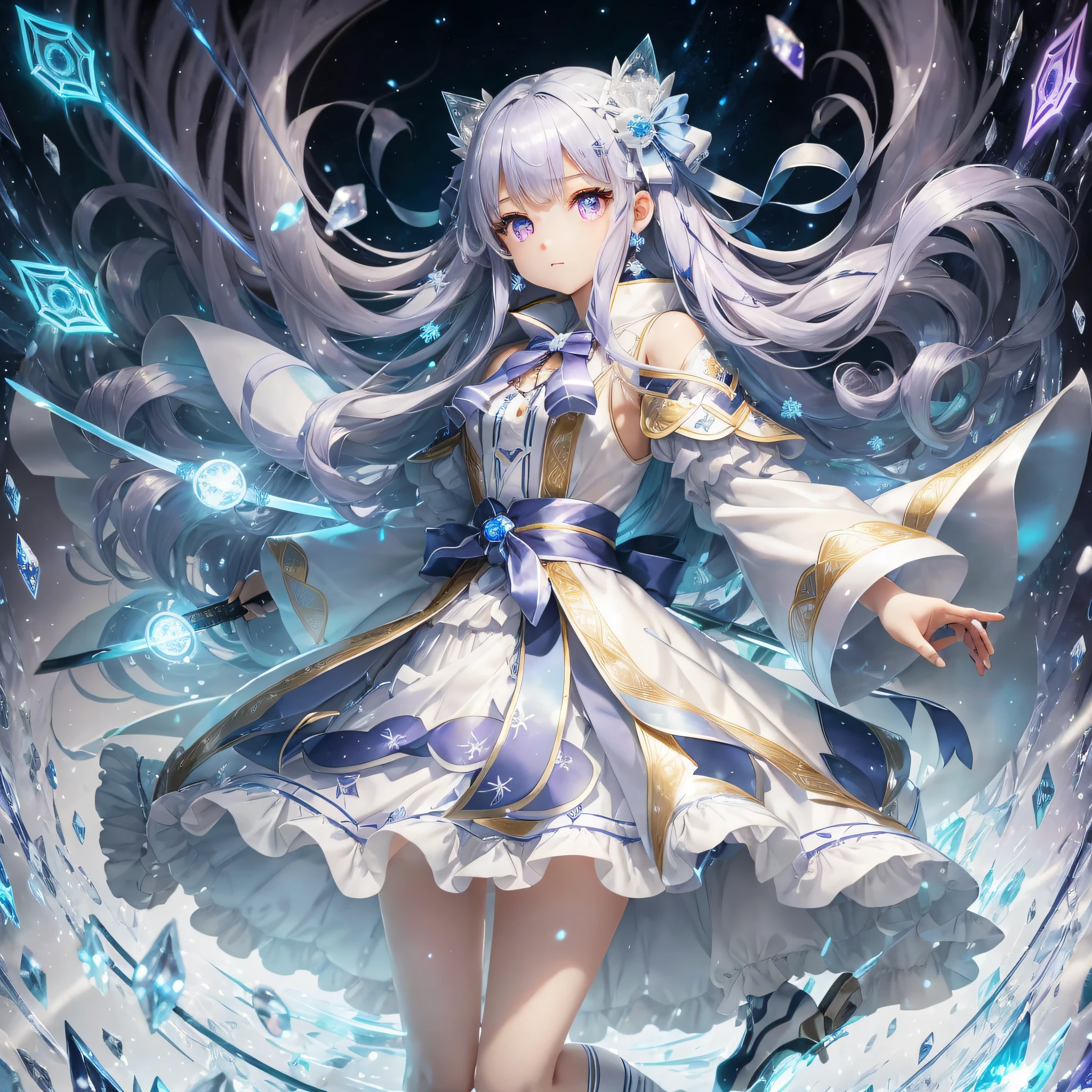 Soft light, natural light, li height, a magic pattern disc behind her, like an angel floating, ice crown, cold ice crystals around the body, high heels, white trench coat, blue hair card, purple and blue left eye, blue and red right eye, high precision, 16ear girlong hair and waist, knee-length socks, use of katana, white hair, ribbon-like clothing fine decoration, three or five expressions, sapphire pendant --auto --s2