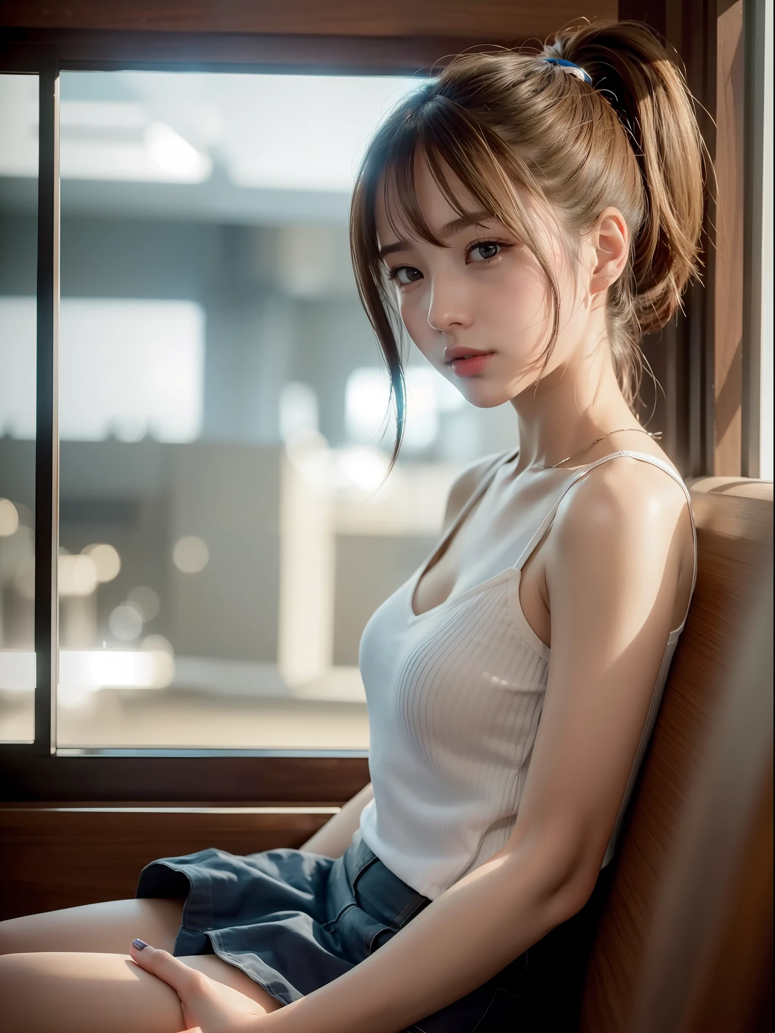 ((Best quality, 8k, Masterpiece: 1.3)), Sharp focus: 1.2, (1 AESPA girl: 1.3), beautiful face girl with cellphone, cute face, age 24, small breasts, flat chest, brunette short messy hair, or ponytail, sitting, white shirt, camisole, skirt, airport, terminal, station, something drinking, sunlight, kindness, cinematic lighting, (8k, masterpiece, best quality, raw photo)