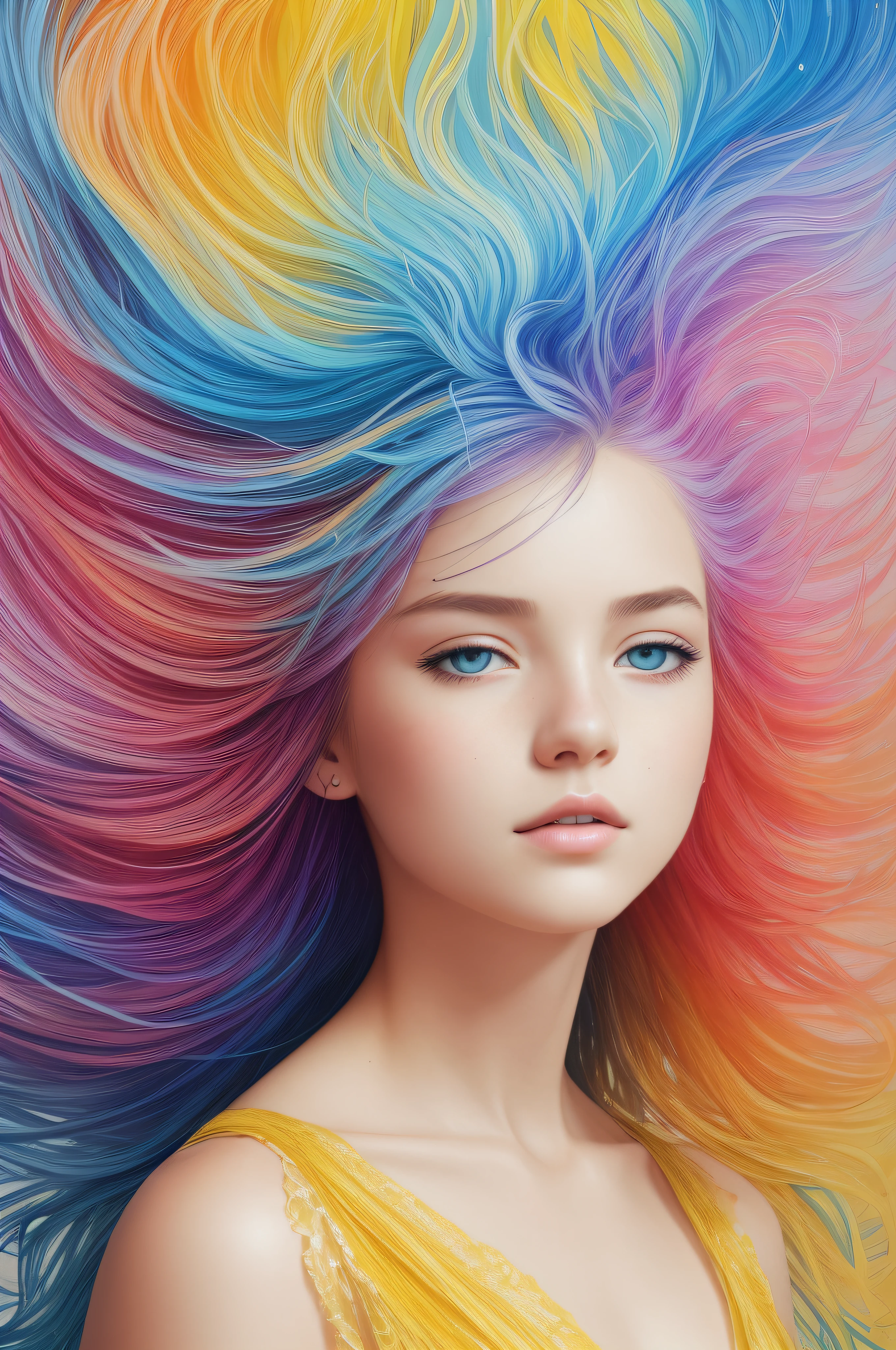 Colorful beautiful girl: a giru 8-years old, messy hair, oil painting, nice perfect face with soft skinice perfect face, blue yellow colors, light purple and violet additions, light red additions, intricate detail, splash screen, 8k resolution, masterpiece, cute face,artstation digital painting smooth veryBlack ink flow: 8k resolution photorealistic masterpiece: intricately detailed fluid gouache painting: by Jean Baptiste Mongue: calligraphy: acrylic: watercolor art, professional photography, natural lighting, volumetric lighting maximalist photoillustration: by marton bobzert:, complex, elegant, expansive, fantastical,  wavy hair, vibrant
