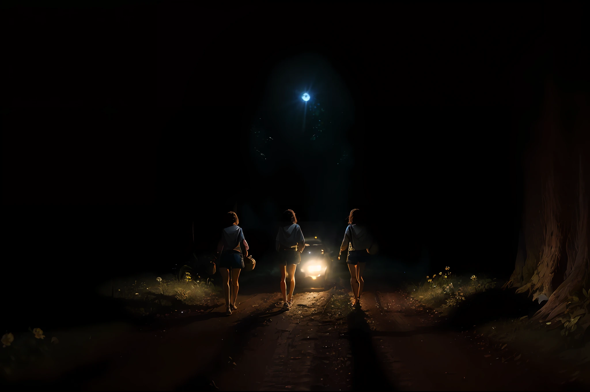 (((one night, midnight))), close-up photo of three girls, quickly fleeing back through the woods. topless and shorts. Rural dirt road passing through a dense flowering, crossroads, empty street, night, 0h, dark, moon, 4k textures, soft cinematic light, adobe lightroom, photolab, hdr, intricate, highly detailed, ray traced, photorealistic, fine details, subsurface scattering, key light, backlight, sharp focus, soft tones, low contrast, exposure mix, night details.