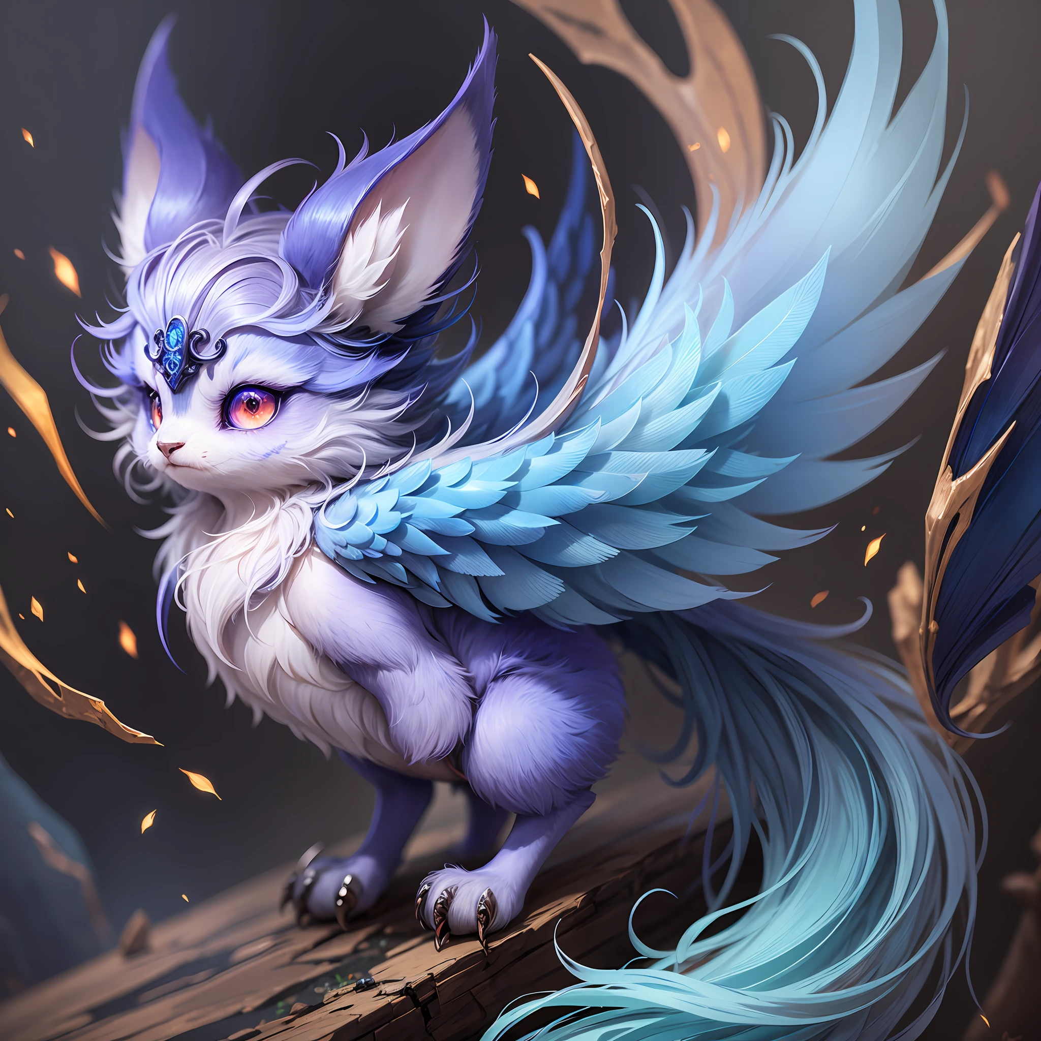 Zangqi is a small fantasy creature with dark blue fluff, shiny eyes, and antler-shaped ears. It also has colorful wings and a silver silky tail. --auto --s2