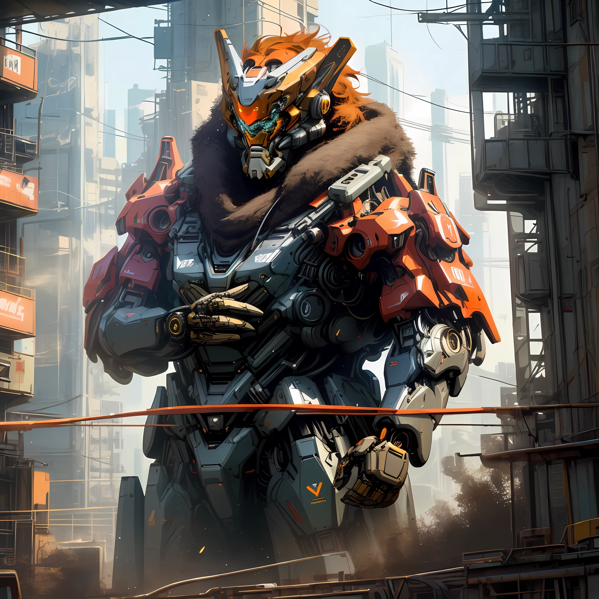Dark_Fantasy, cyberpunk, (best quality, masterpiece), white, huge mecha in the shape of an orangutan, mechanical marvel, robot presence, cybernetics guardian, wearing cybernetic jacket, city, highest quality digital art, stunning art, wallpaper 4k, highly detailed, military robot, army, war zone, black and white, highest quality digital art, stunning art, wallpaper 4k, 8k, 64k, hd, unparalleled masterpiece, dynamic lighting, movie, epic, damaged mechanical parts