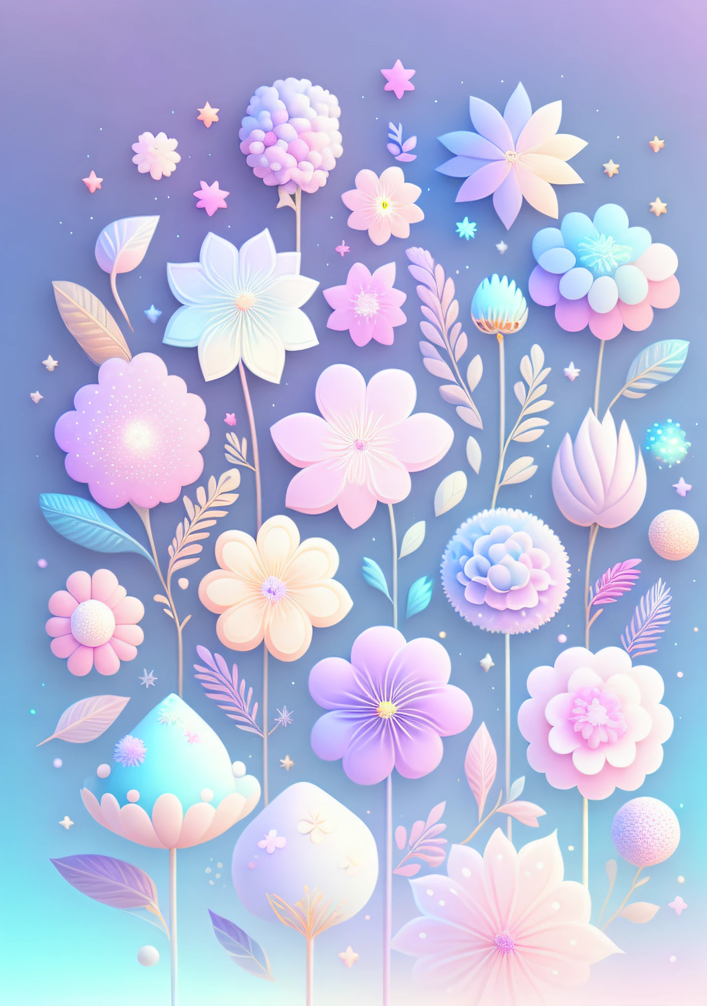 "Various flowers, cartoon illustration, sky in a gradient of pastel colors with twinkling stars. Immerse yourself in a mystical world full of magical elements (weighted at 0.9)."