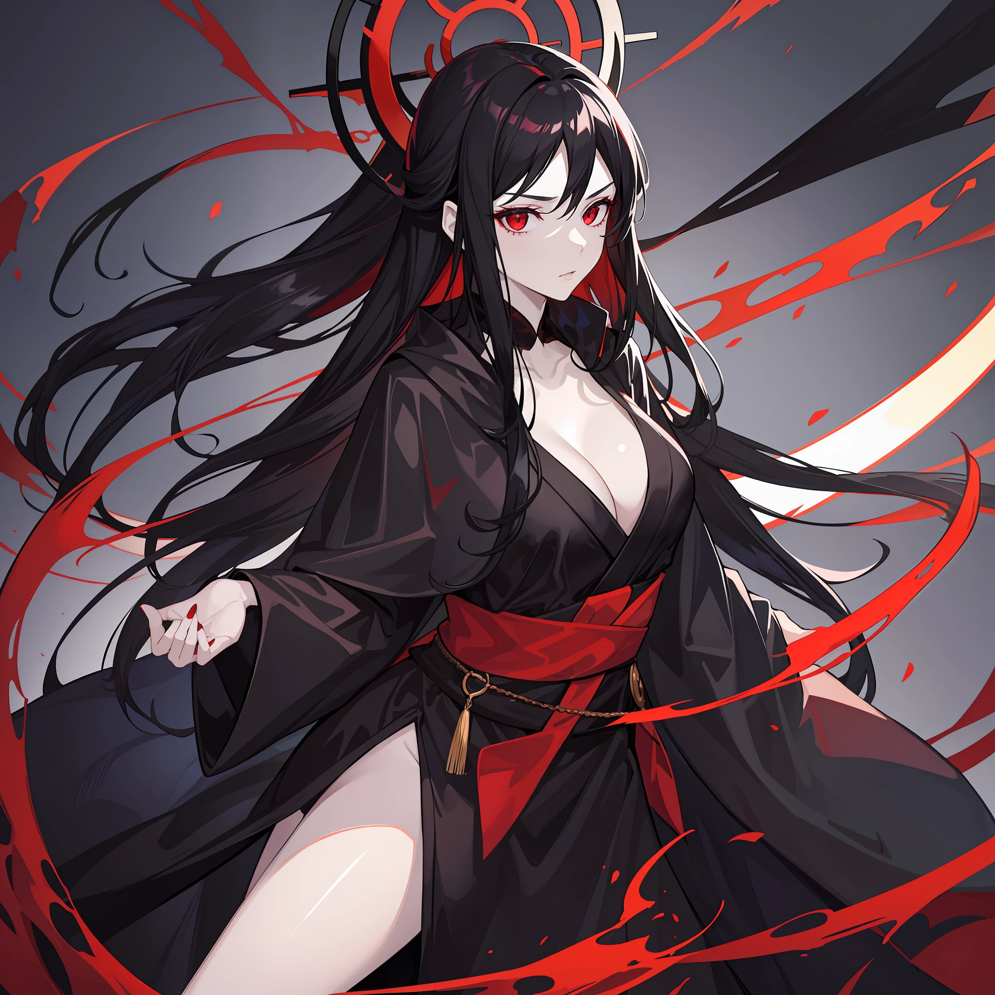 A hot woman with pale skin, black hair, thin robes of crimson and black color